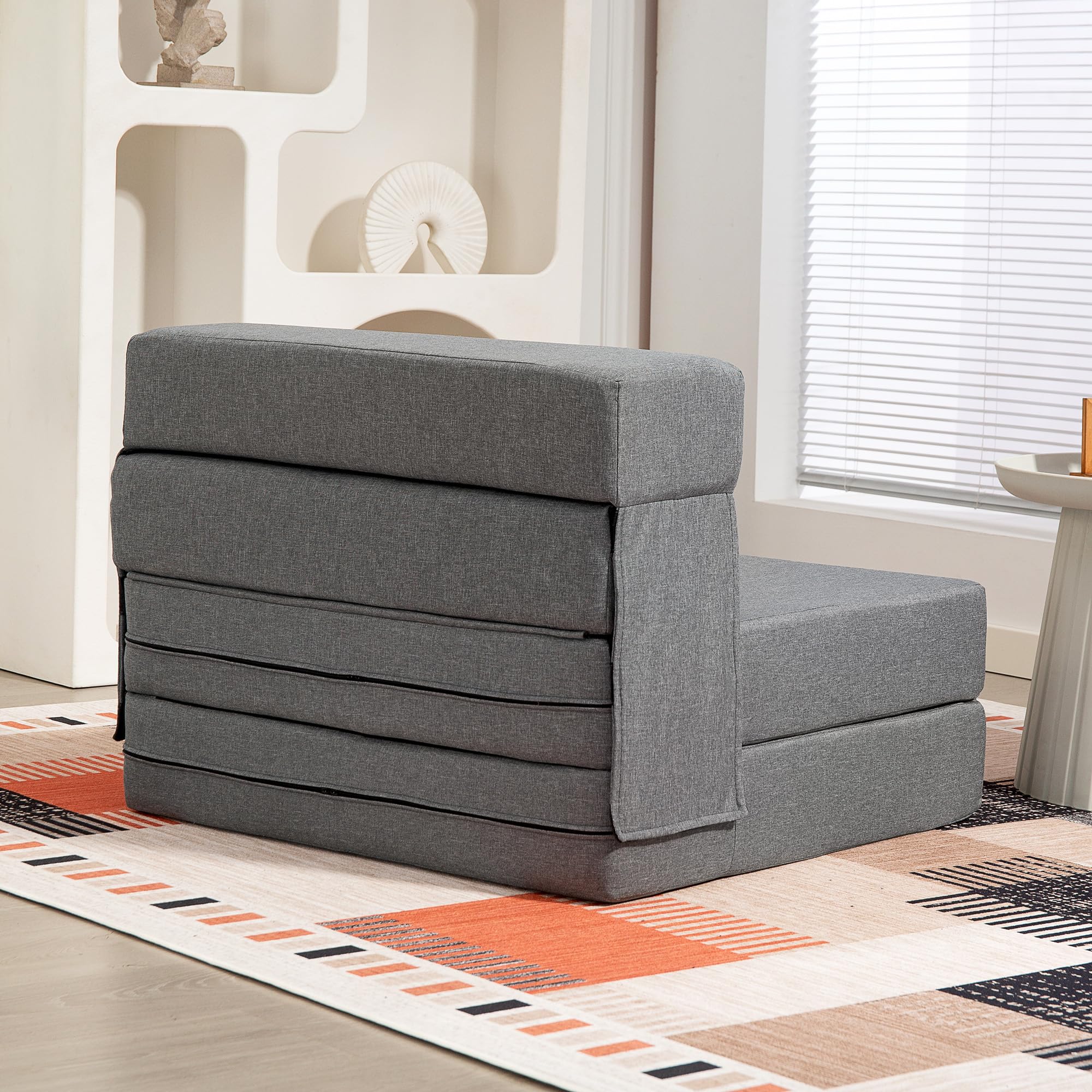 HOMCOM Fauteuil Convertible 1 Place 3 en 1, Fauteuil lit Pliant, chauffeuse 1 Place en Lin avec Large Assise, Coussin Inclus, Matelas Pliable 210 cm pour invités, Salon, Petit Espace, Gris