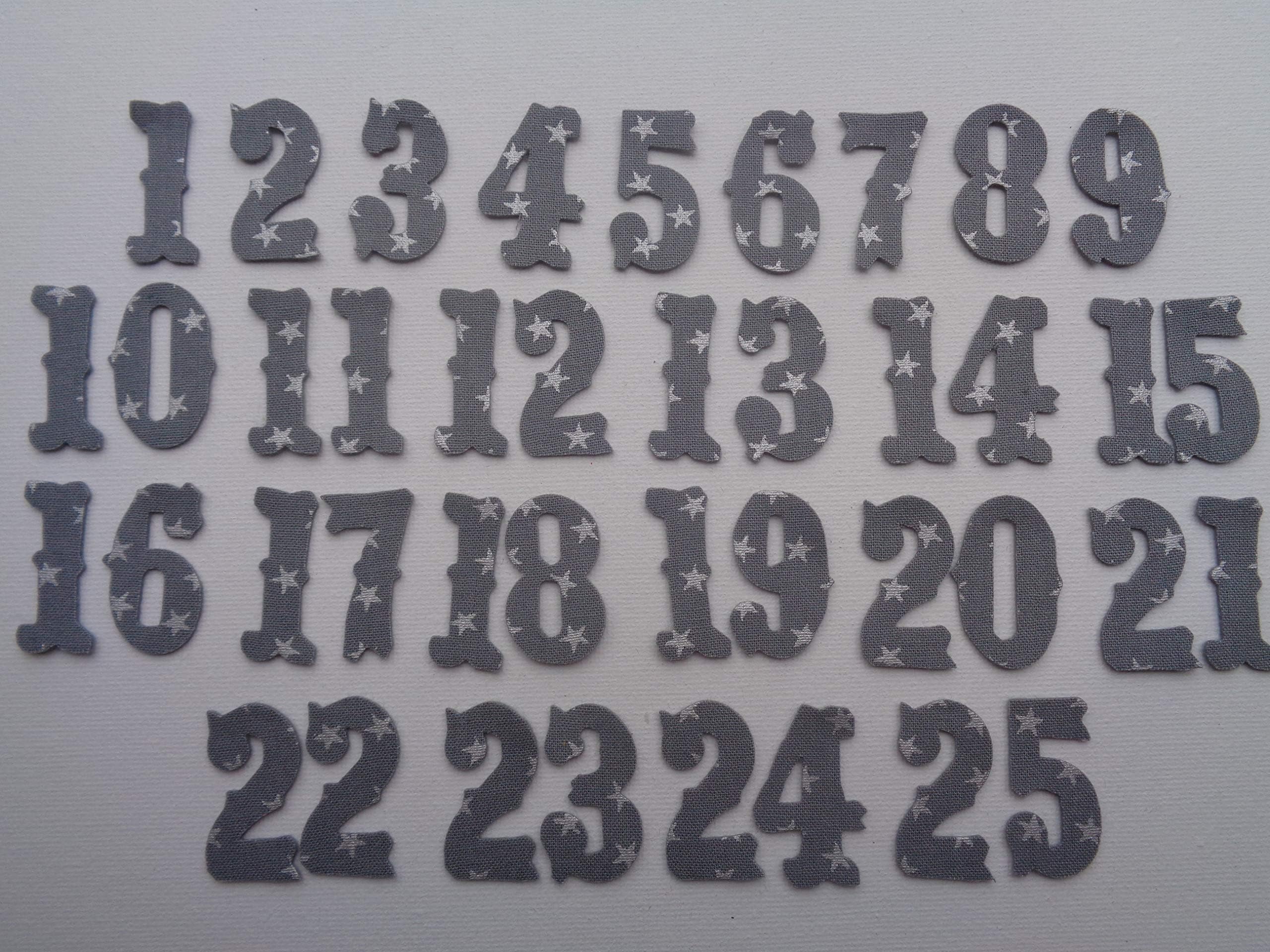 Advent Numbers 1-25. Iron On Fabric (No Sew) Grey with Small Silver Stars