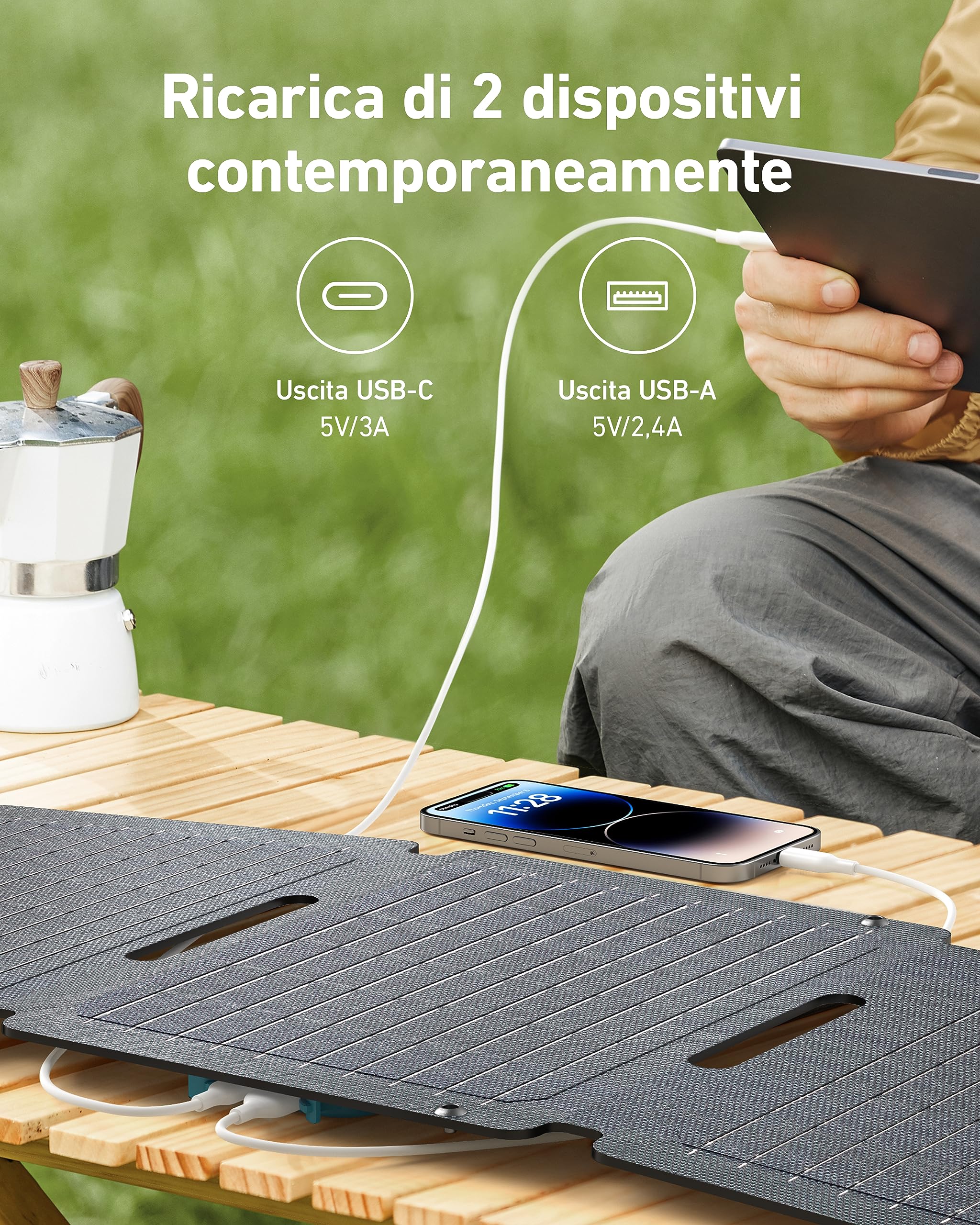 Anker Solix PS30 Pannello solare, caricatore solare portatile pieghevole 30 W, resistenza a polvere e IP65, ricarica ultrarapida, 2 dispositivi in contemporanea, per campeggio, escursioni, outdoor.