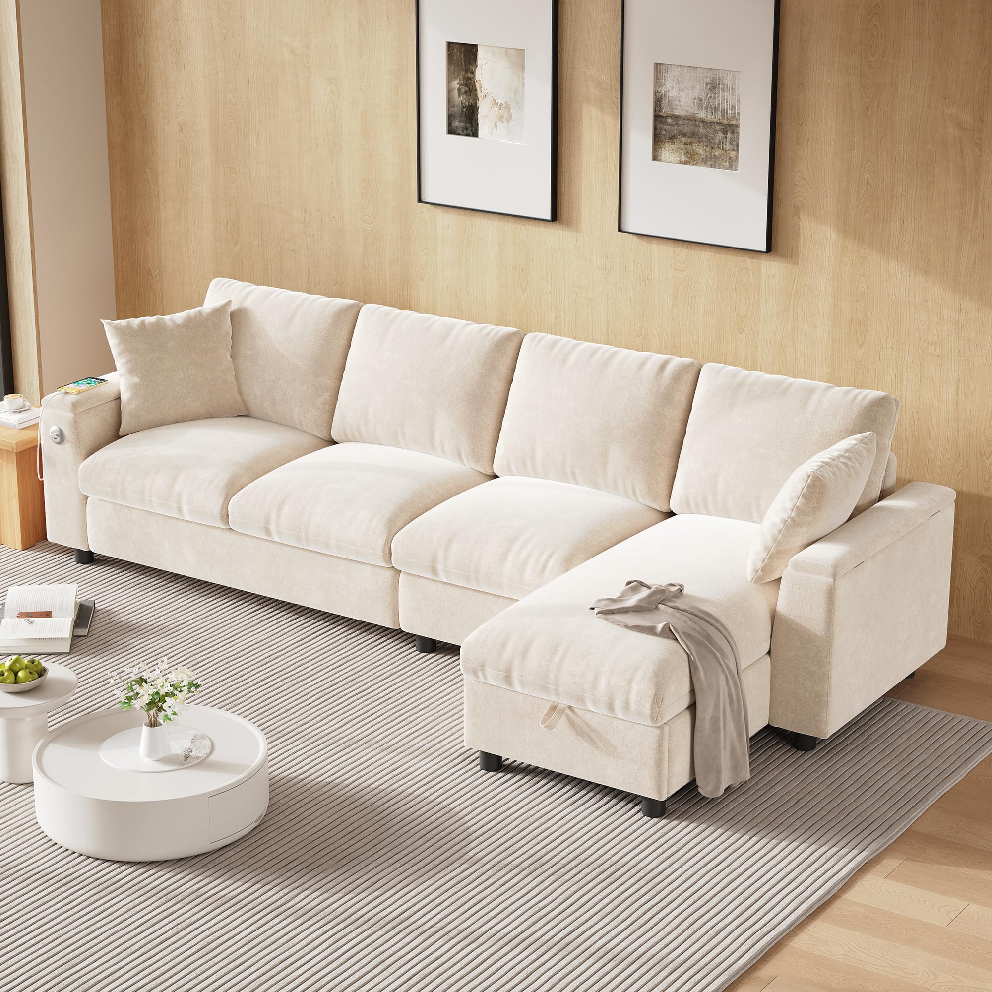 Sofa narożna w kształcie litery L, funkcja spania i wysuwana sofa, materiał szenilowy, miejsce do przechowywania + rozkładany stolik kawowy, złącze ładowania USB-C, regulacja w prawo/lewo