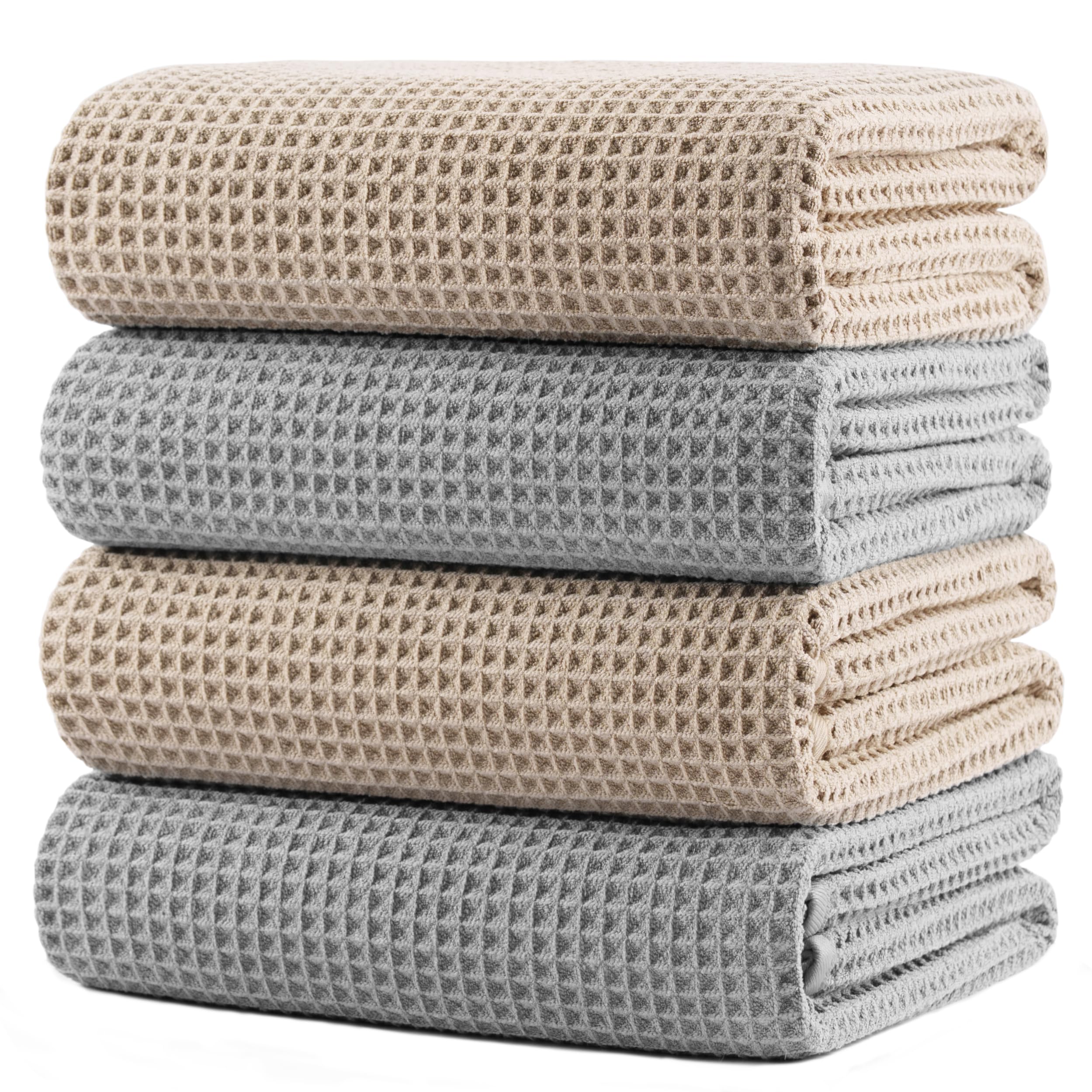 POLYTE 430 GSM Microfiber Oversize Quick Dry Lint Free Bath Towel, 60 x 30 in, 4 Pack (Waffle Weave)