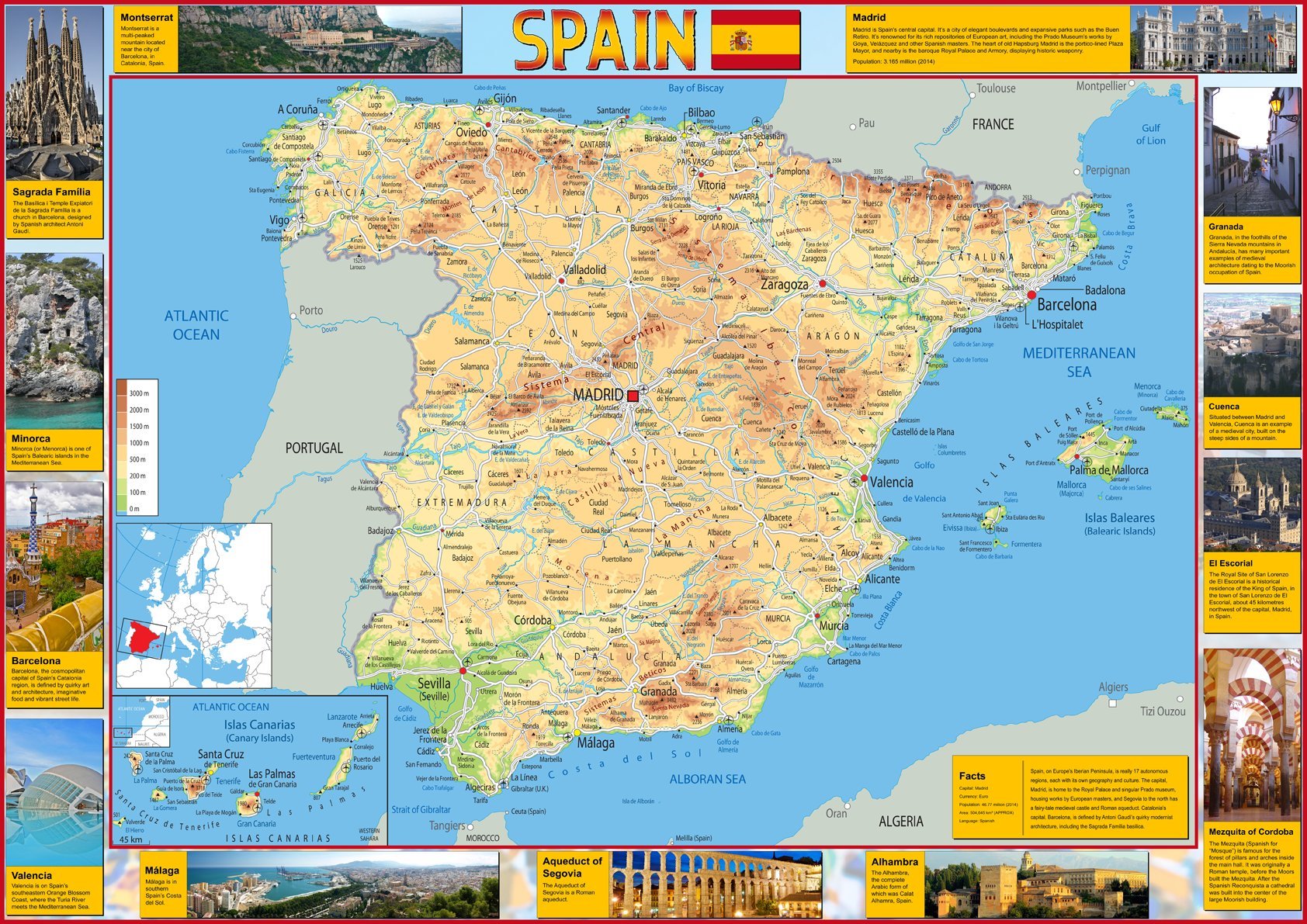 Illustrated Map of Spain - Size A1-59.4 x 84.1cm - Paper Laminated