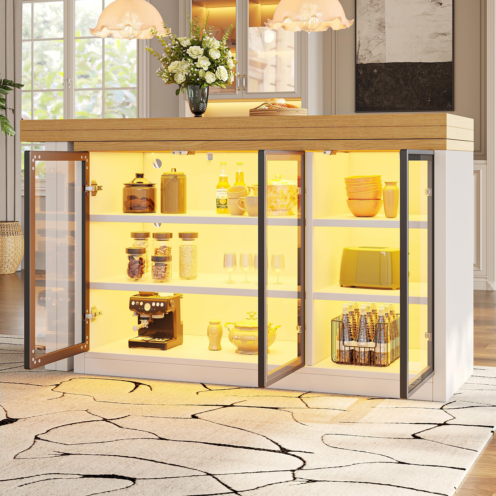 Tavolo da pranzo, multifunzionale, allungabile, a isola da cucina, girevole a 360°, combinazione di armadietti laterali, isola da cucina dal design moderno, bianco