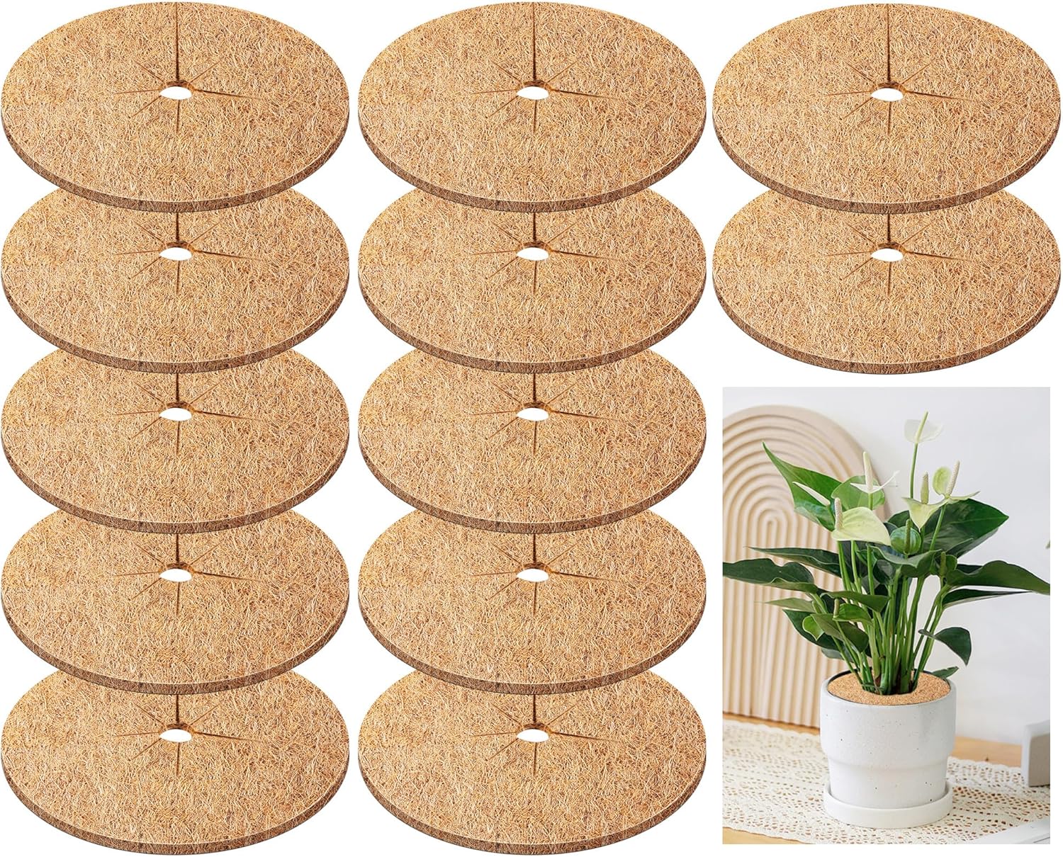 Remiawy Coconut Fiber Tree Ring Mulch Mats, Natural Coco Coir Tree Mulch Ring 24 Inch 4 Pack, Weed Barrier Plant Pot Cover for Soil Protection and Garden Landscaping, Plant Protectors from Cats Indoor