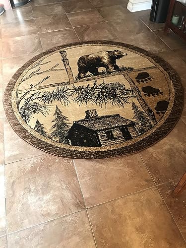 Miniatura 4 de Alfombra redonda estilo cabaña con diseño de oso grande, alce de campo, beige, marrón, verde, 362 (5 pies 5 pulgadas x 5 pies 5 pulgadas)