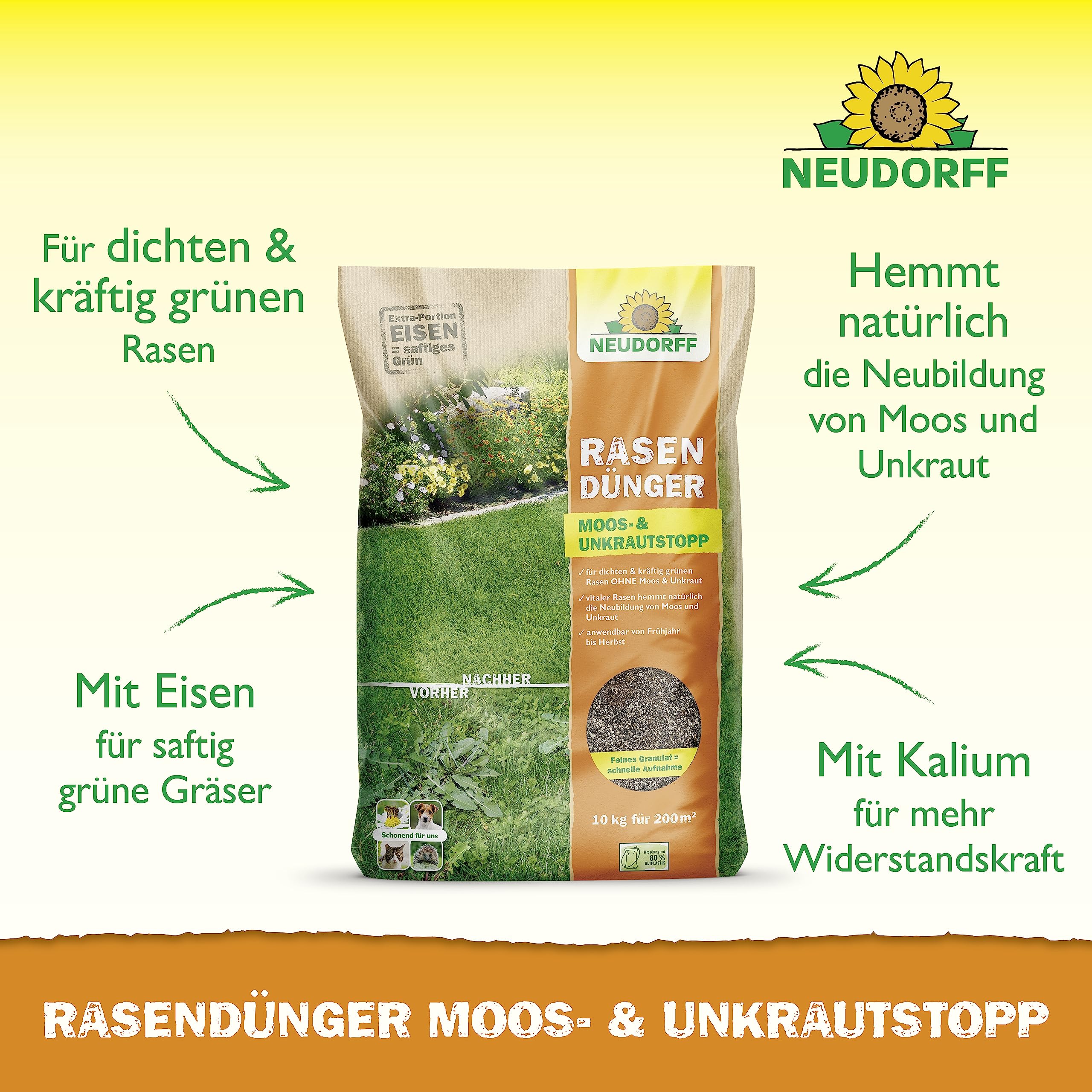 Neudorff RasenDünger Moos- und UnkrautStopp 10 kg für 200 m² mit Eisen und Kalium