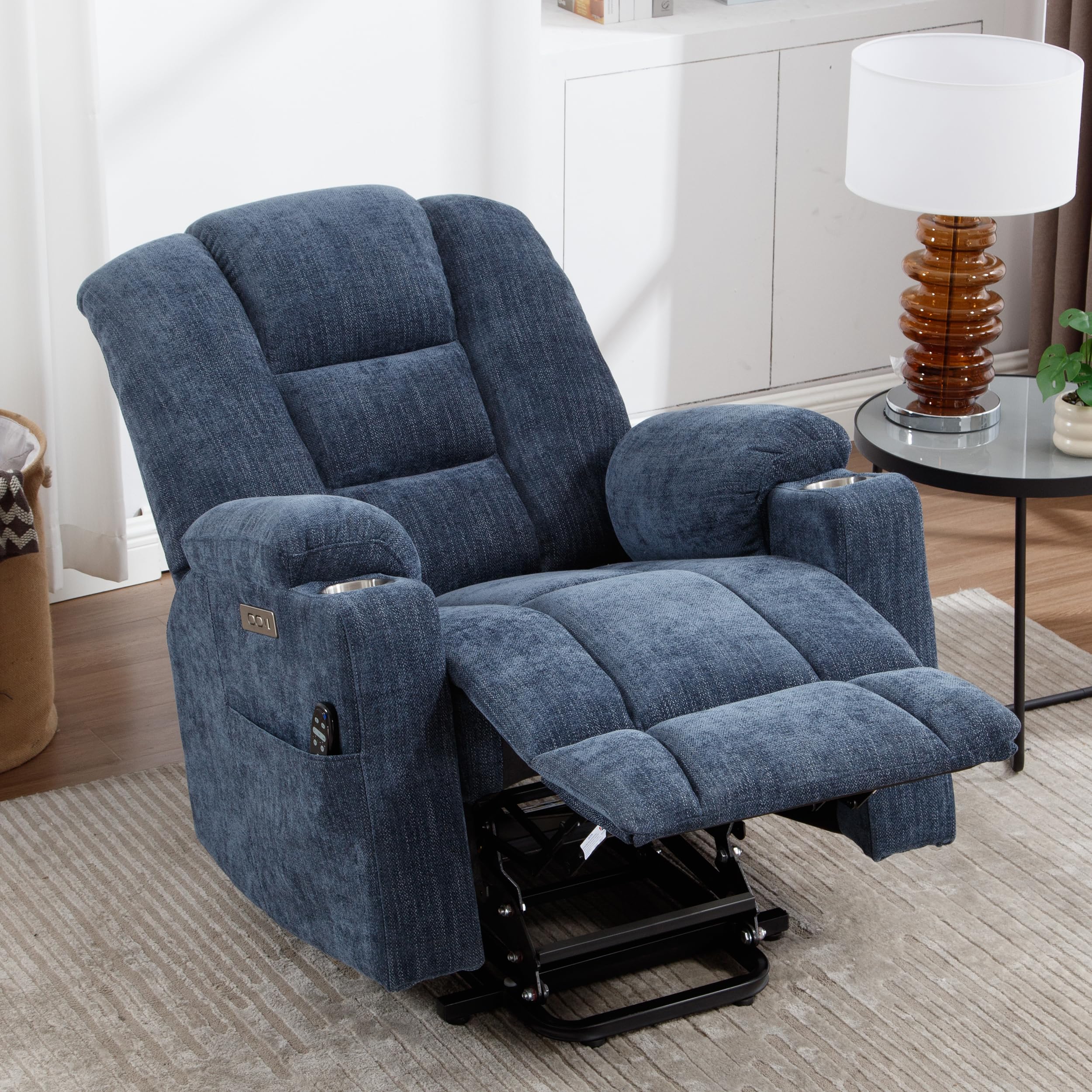 Power Recliner Chair with Massage and Heat Ergonomic, Chenille Fabric Reclining Chair with USB and Type C Ports, 2 Steel Cup Holders, Remote Control for Living Room, Bedroom - Blue