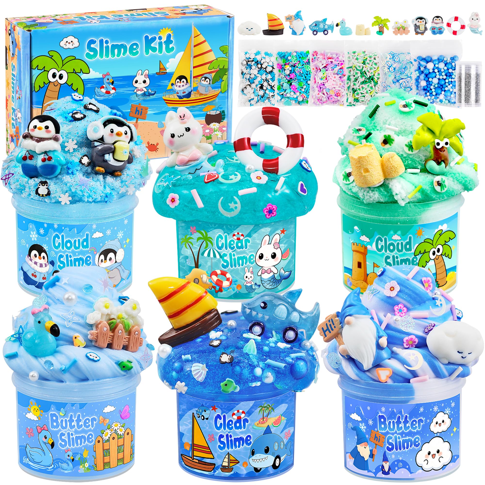 LAWOHO 6 Pack Ocean Slime Kit for Kids, Blue Cloud Slime Party Favor Toys