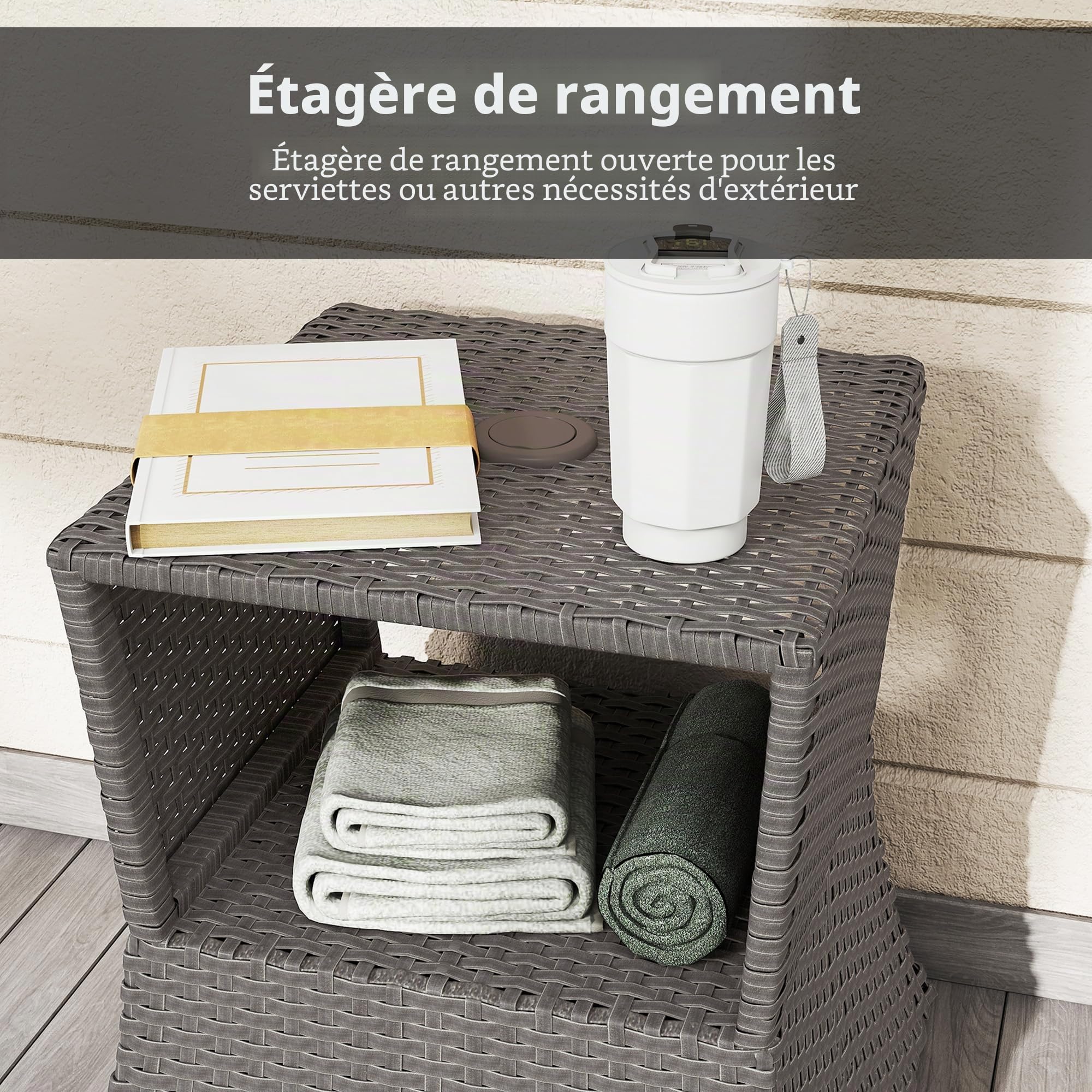 Table basse d'extérieur en rotin Outsunny, table d'appoint de jardin en osier avec trou pour parasol et espace de rangement pour balcon, porche, gris foncé