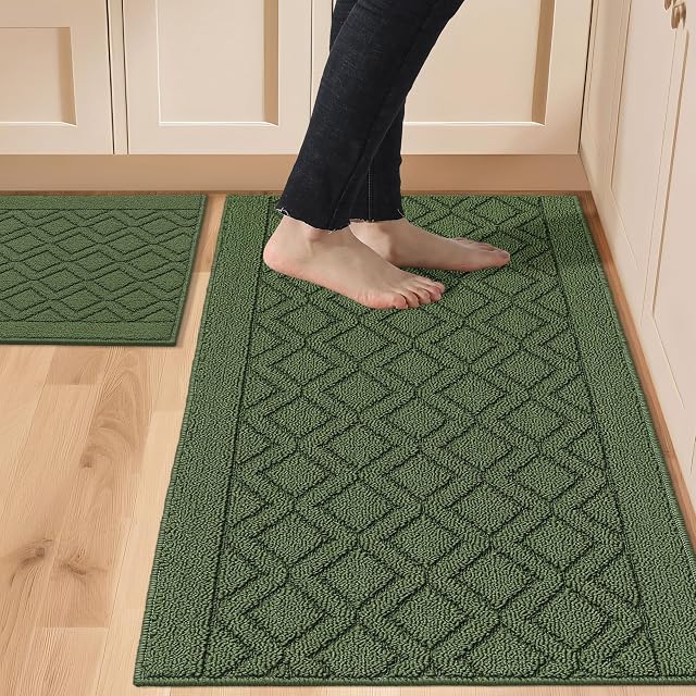 COSY HOMEER 48x20Inch/30X20Inch Kitchen Rug Mats,Green | Made of Polypropylene 2 Piece Soft Kitchen Mat for Floor Specialized in Anti Slippery and Machine Washable Kitchen Runner Rug
