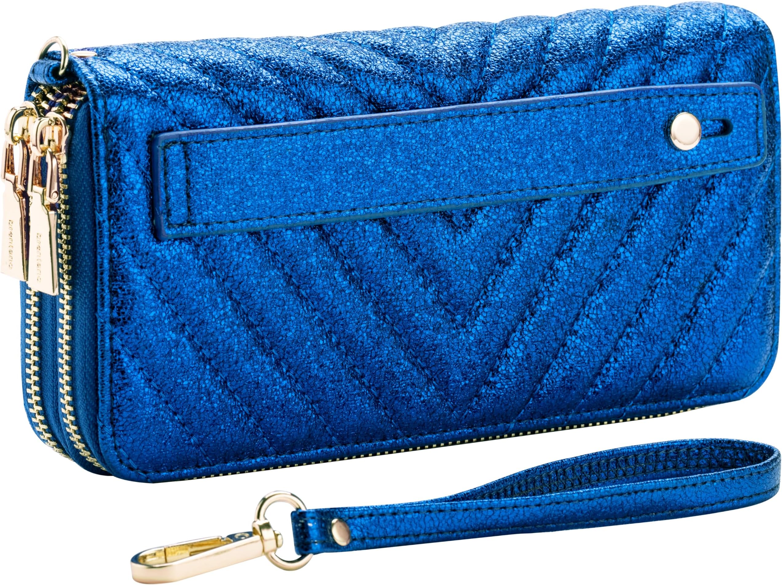 B BRENTANO Vegan Leather Double Zipper Pocket Wallet with Grip Hand Strap (BLUE GLITTER)