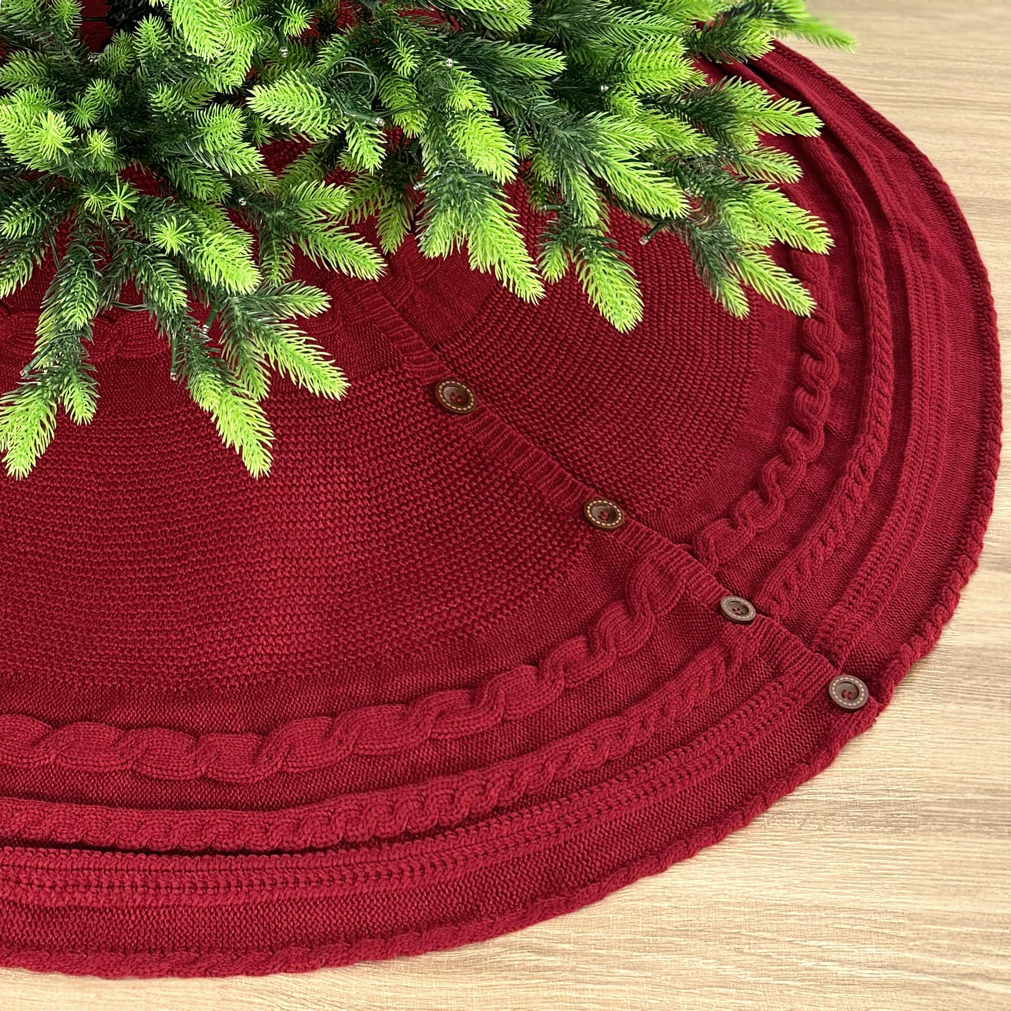 60-Inch Deluxe Cable Knit Christmas Tree Skirt with Oak Buttons, Burgundy