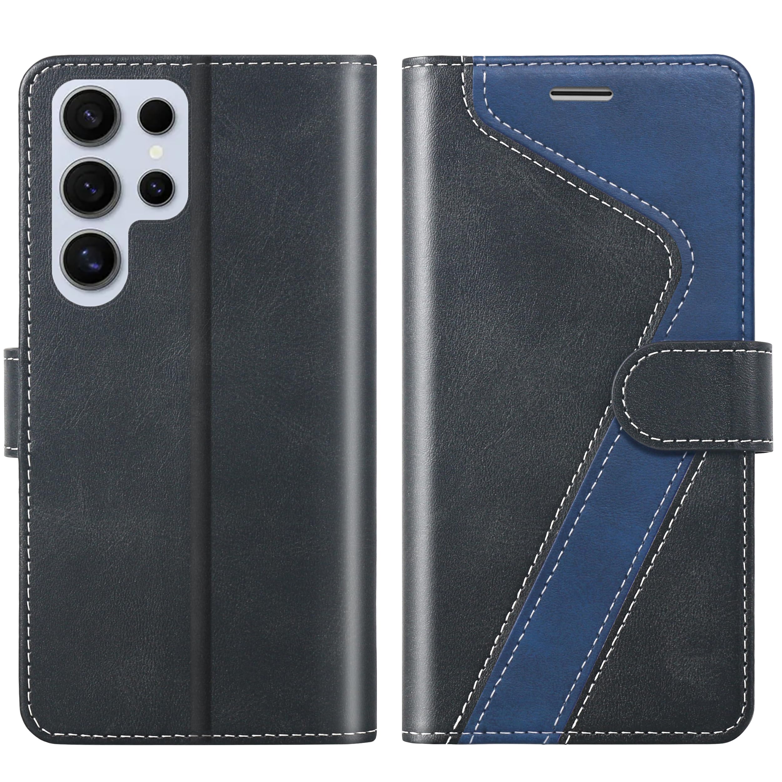 CIVICASE for Samsung Galaxy S24 Ultra Wallet Case,Leather Flip Case [RFID Blocking] Credit Card Holder Folio Magnetic Stand TPU Shockproof Cover Color Matching for Samsung S24 Ultra,Black Blue