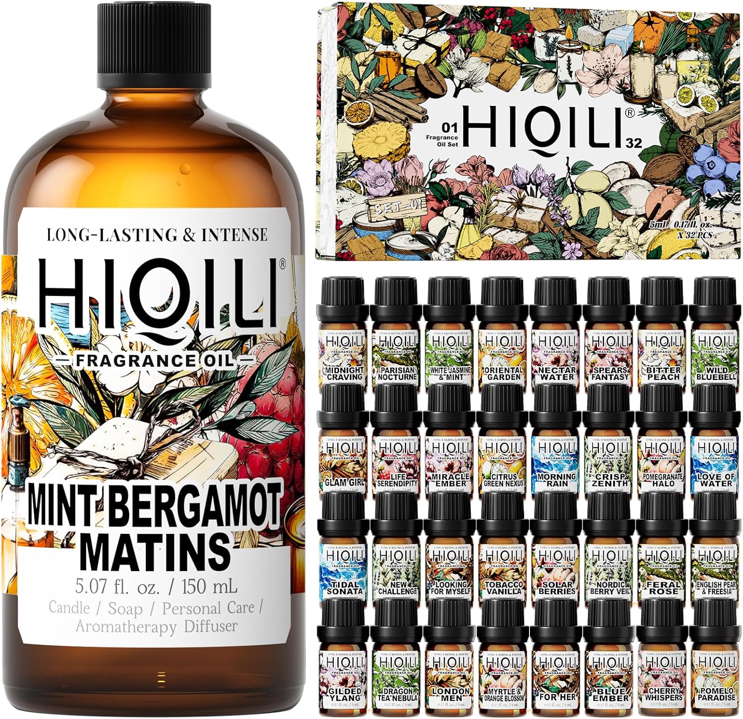HIQILI 150ML Mint Bergamot Matins Fragrance Oil & 5ML*32 Fragrance Oil Gift Set, for DIY, Diffuser