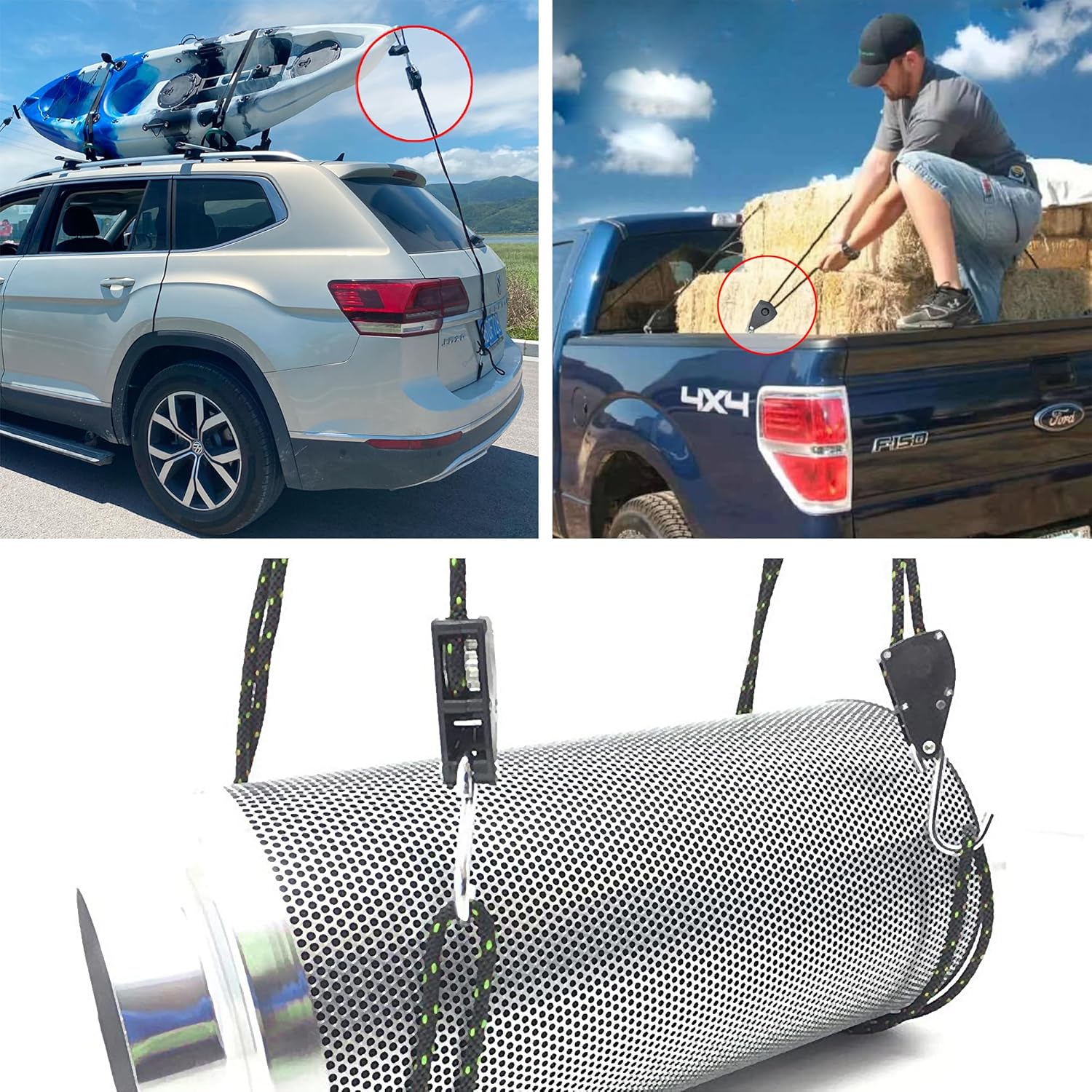 1/2” x 16ft. Tie Down Rope, Heavy-Duty Braided Locking Ratchet Pulley with 4” Carabiner for Kayak Bow and Stern Secure – 1 Pair - Image 7