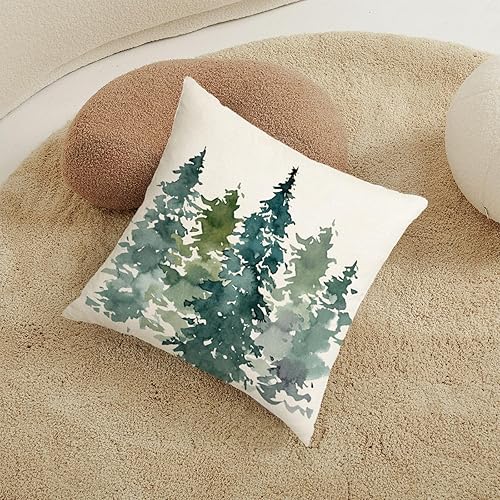Miniatura 7 de Juego de 2 fundas de almohada de árbol de Navidad verde oscuro de 18 x 18 pulgadas, diseño de acuarela de bosque natural, para exteriores, invierno,