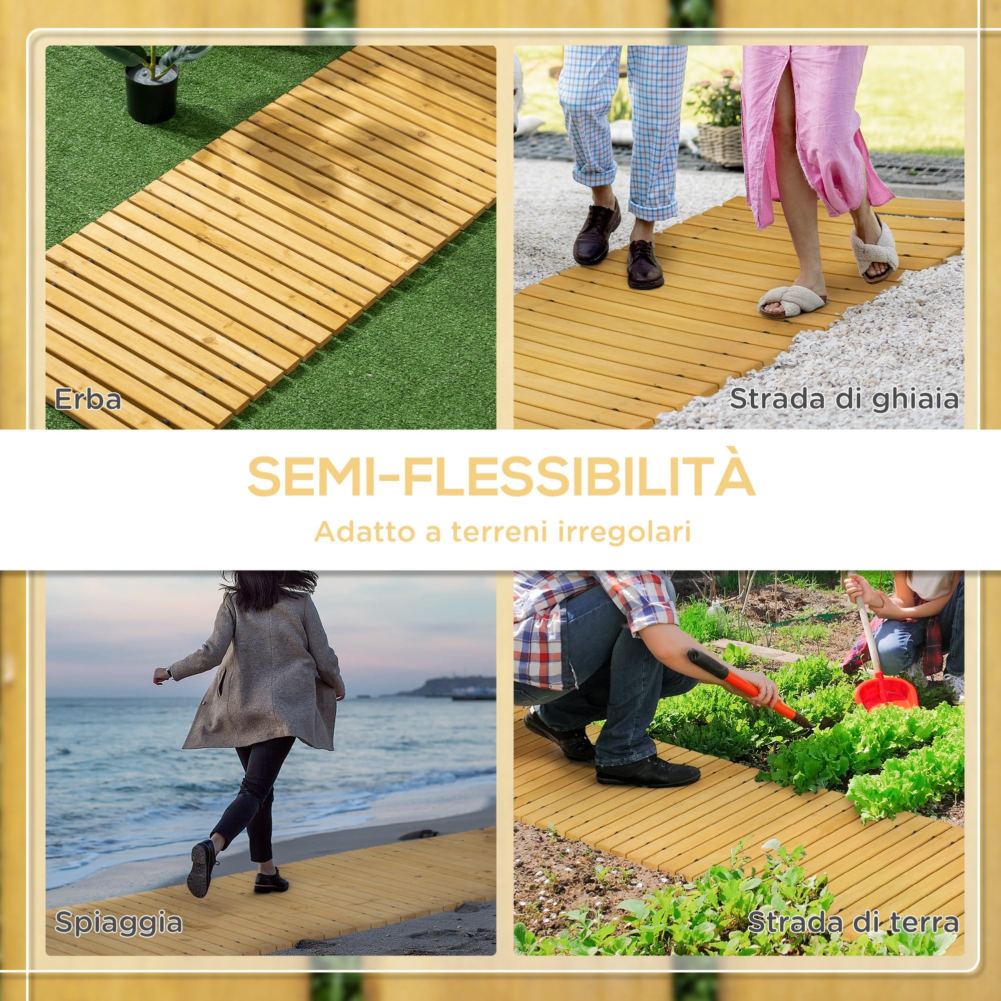 Outsunny Passerella per Giardino a Doghe Arrotolabili e Semi Flessibile, Vialetto Giardino in Legno di Abete, Sentiero da Esterno di Legno, 185x60 cm, Giallo