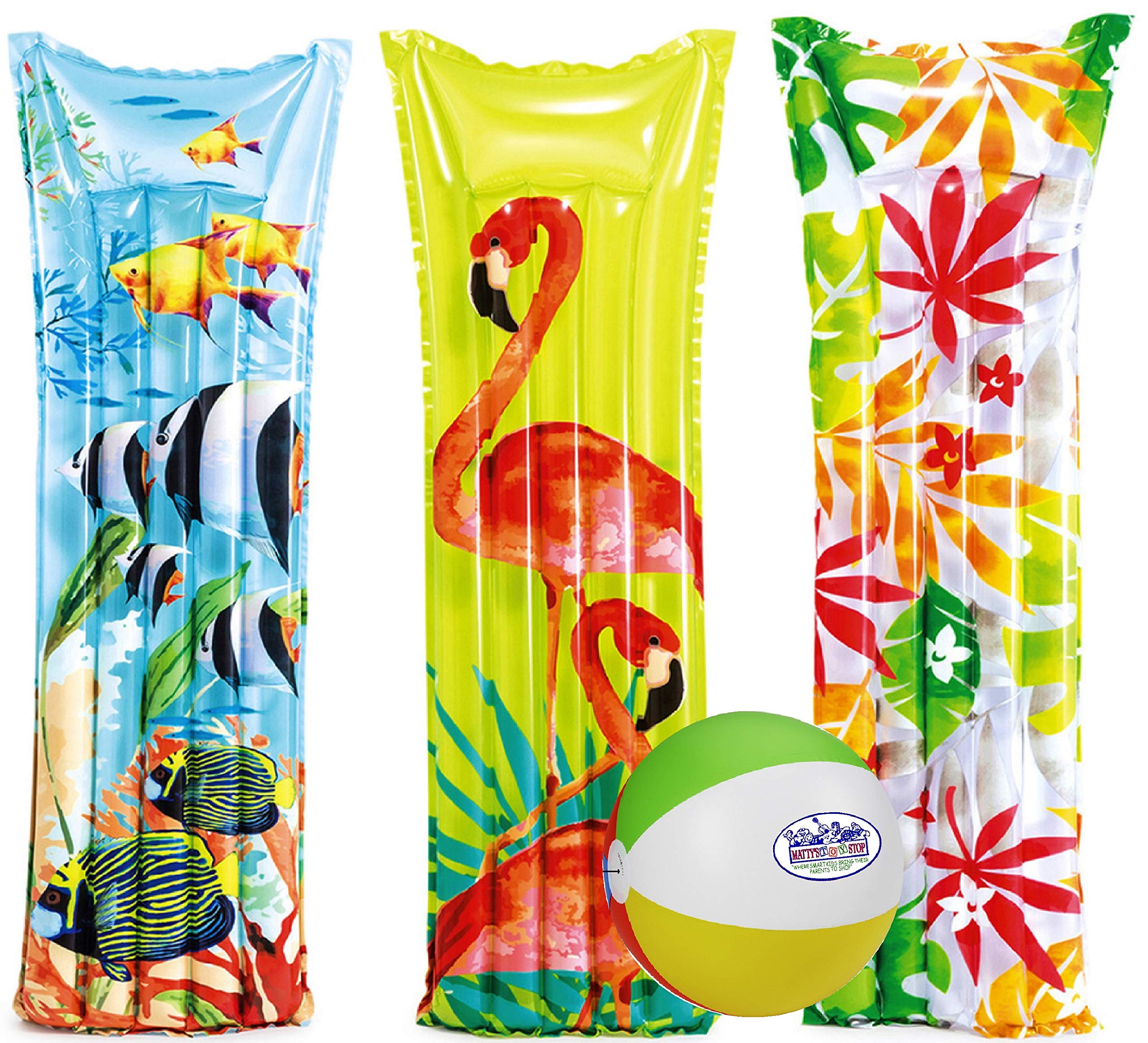 Intex Fashion Mat Inflatable Tropical Pool Floats (72" X 27") Gift Set Bundle with Bonus Matty's Toy Stop 16" Beach Ball - 3 Pack