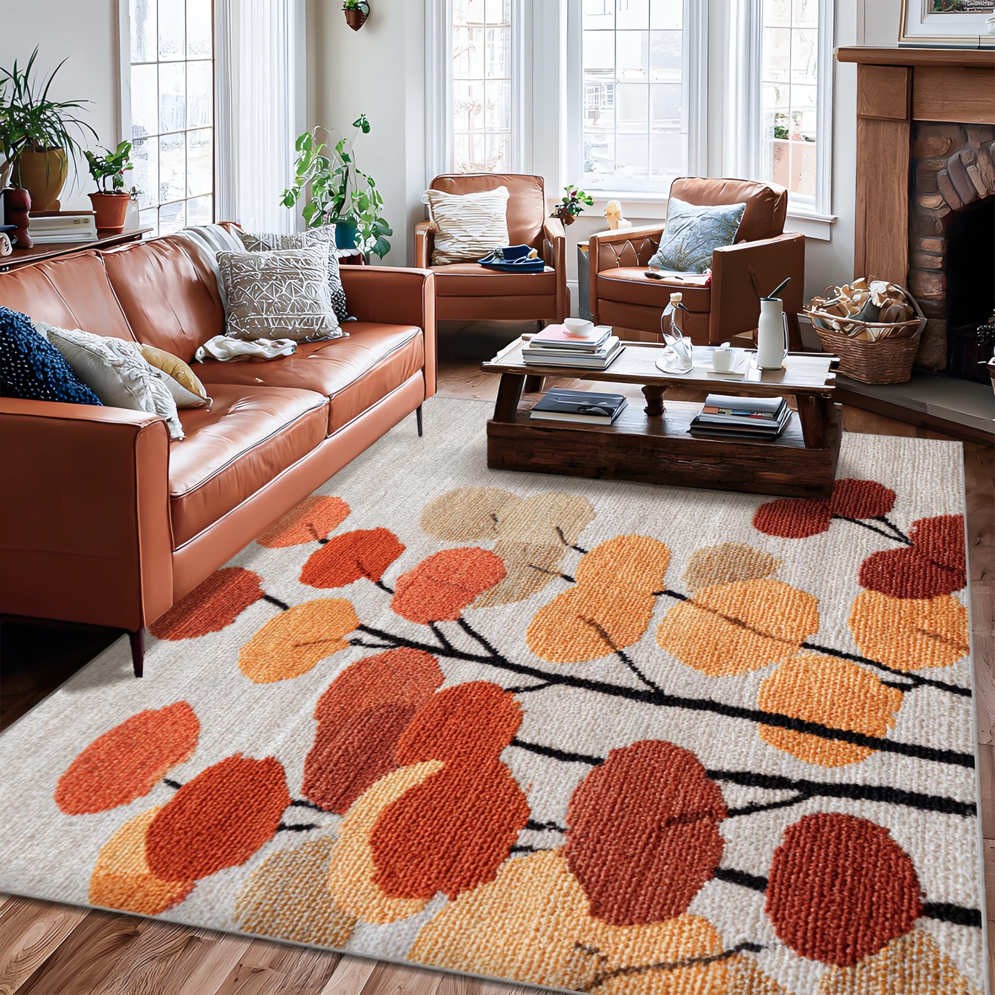 Tapis de salon imprimé feuilles d'automne 1,8x2,7 m avec revêtement antidérapant