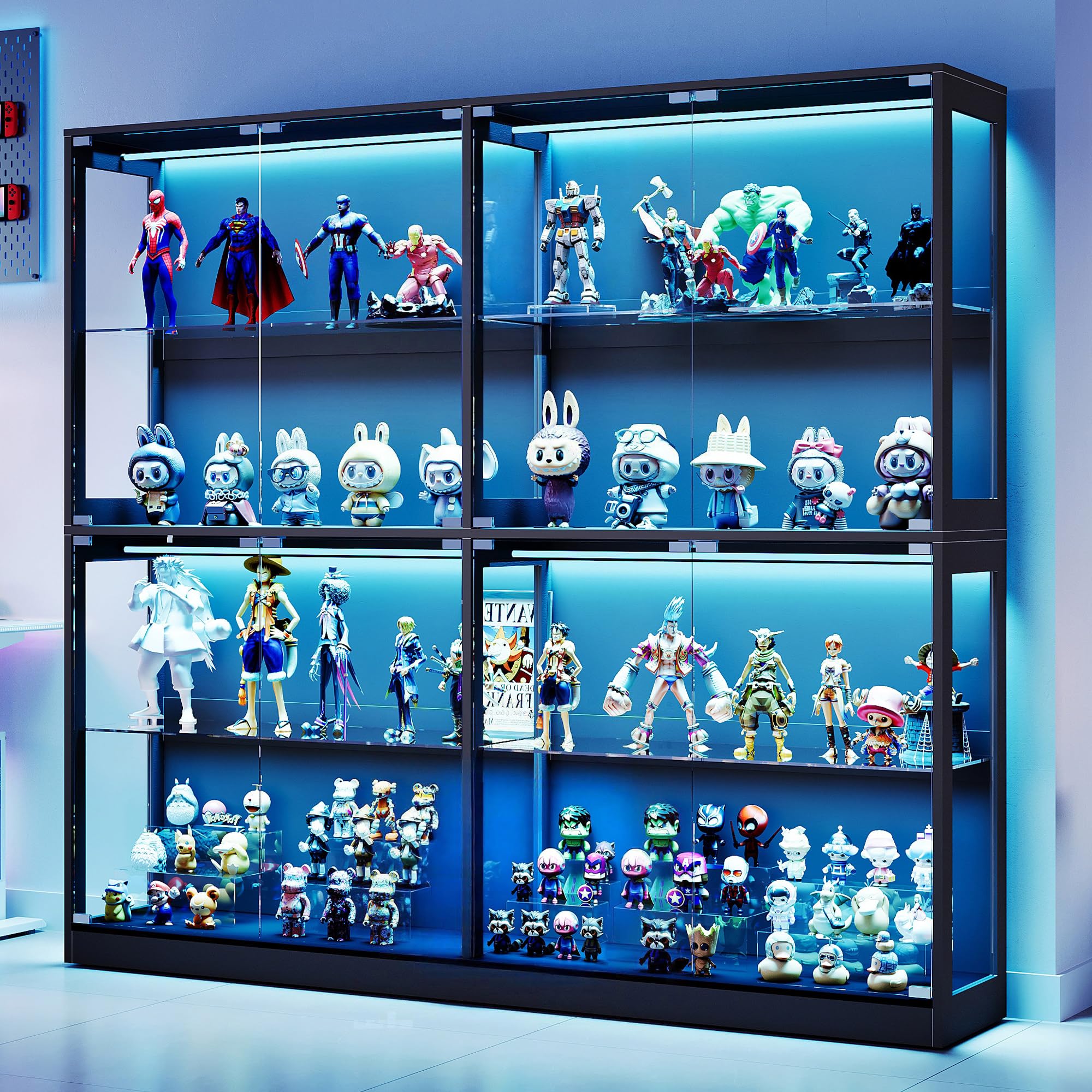 AMERLIFE 75-Inch RGB Display Cabinet with Glass Shelves | 70 H x 75 W x 16 D In, 4-Tier Storage, RGB LED Lights, Press-to-Open Doors, for Collectibles