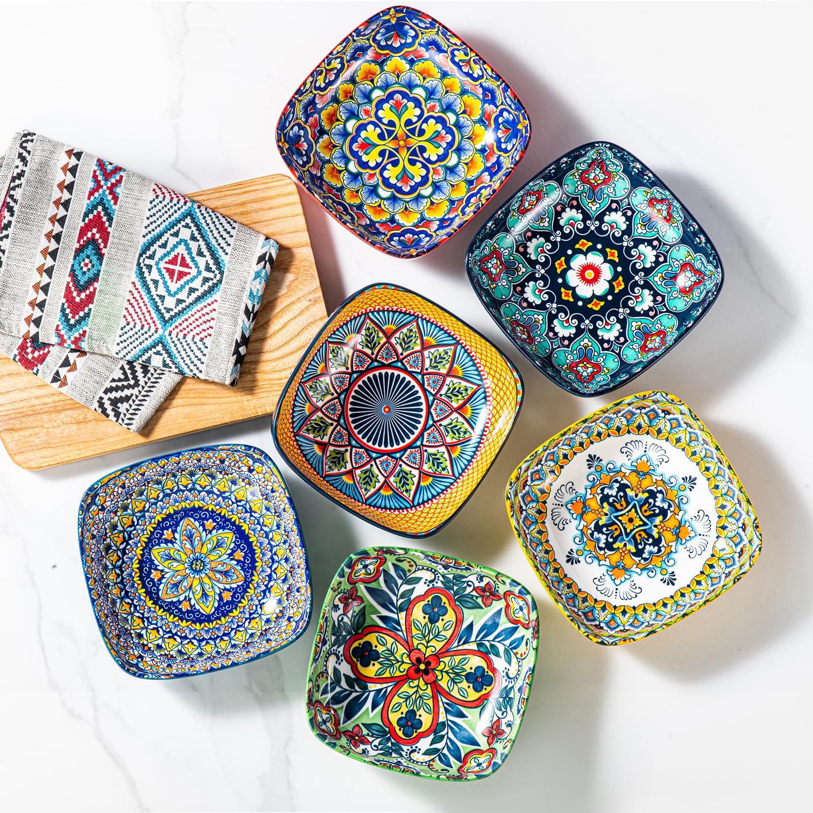 HENXFEN LEAD Miseczki na przekąski porcelanowe, 550 ml miseczki deserowe do musli, deserów, zup i przekąsek. Kolorowe, 6 sztuk w opakowaniu - styl boho