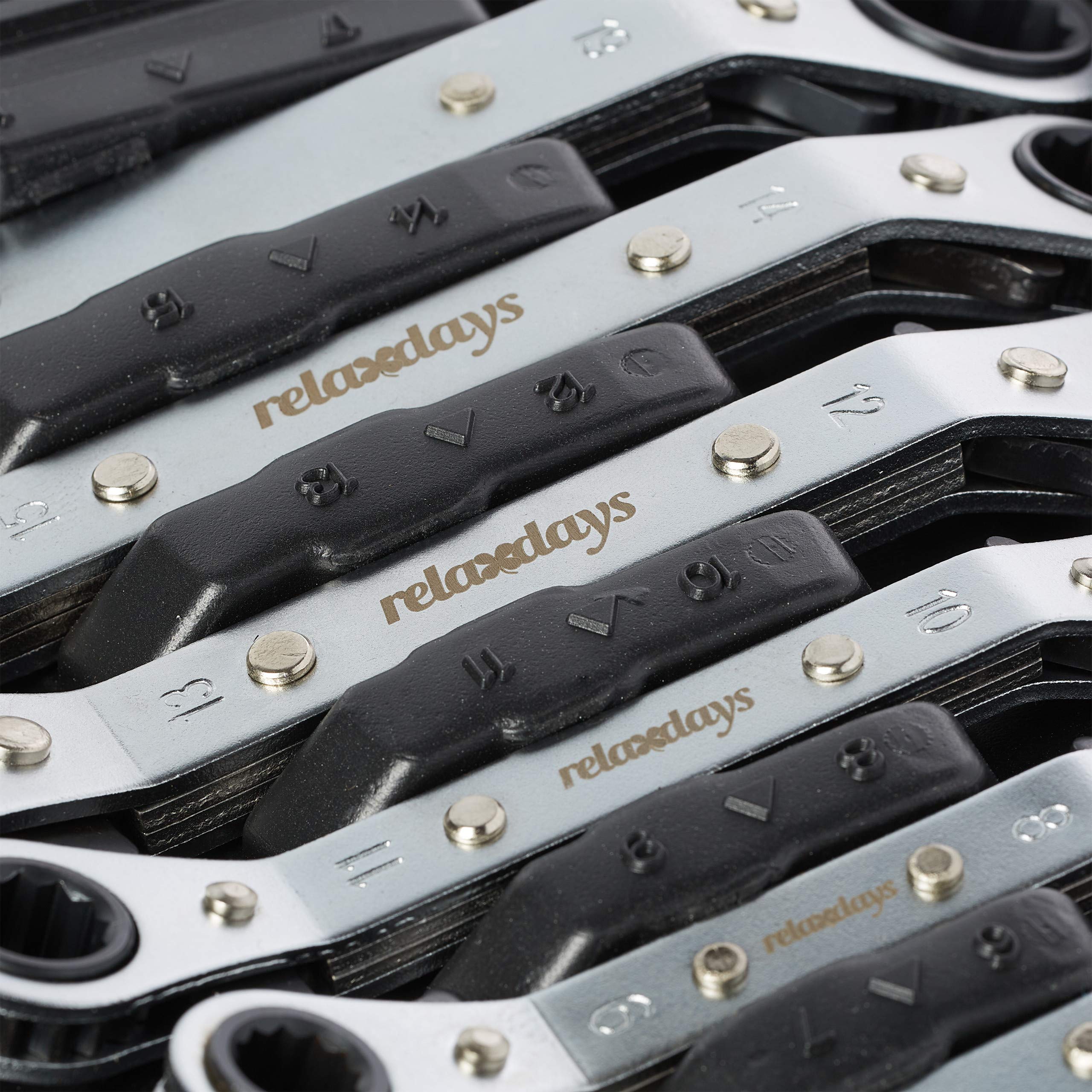 Relaxdays Set di Chiavi ad Anello, Kit da 6 Accessori a Cricchetto, 6-15, 17 & 19 mm, Valigetta con Attrezzi, Argento