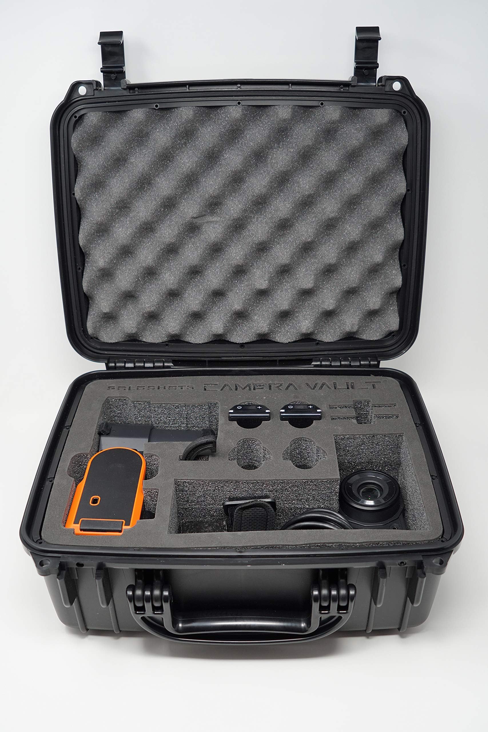 SoloShot3 Optic65 or Optic25 Travel Case (by CAMERA VAULT) Hard Waterproof with Custom Waterjet Cut Foam (Holds 4 Tags, Charger & Accessories) (Black/Black Foam)