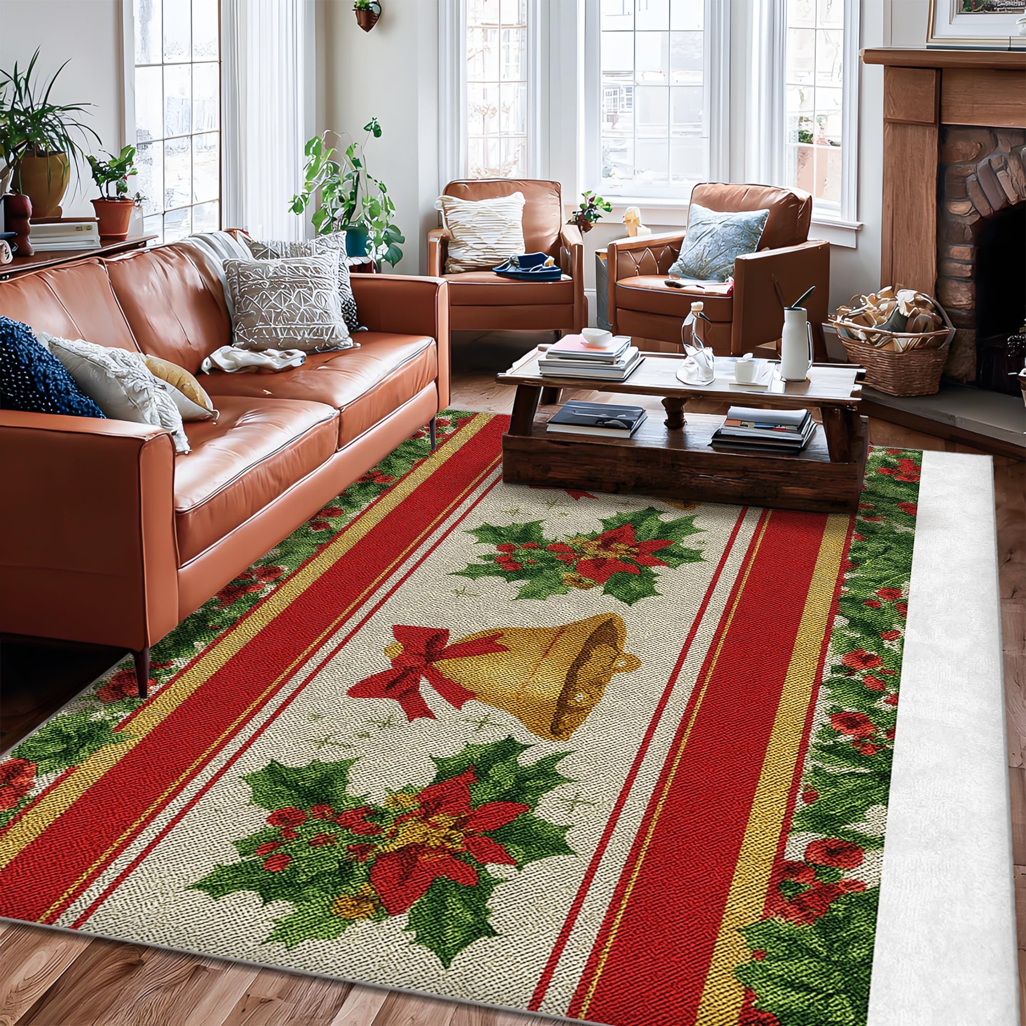 Tapis rectangulaire Noël rouge 1,8x2,7m antidérapant pour salon et cuisine
