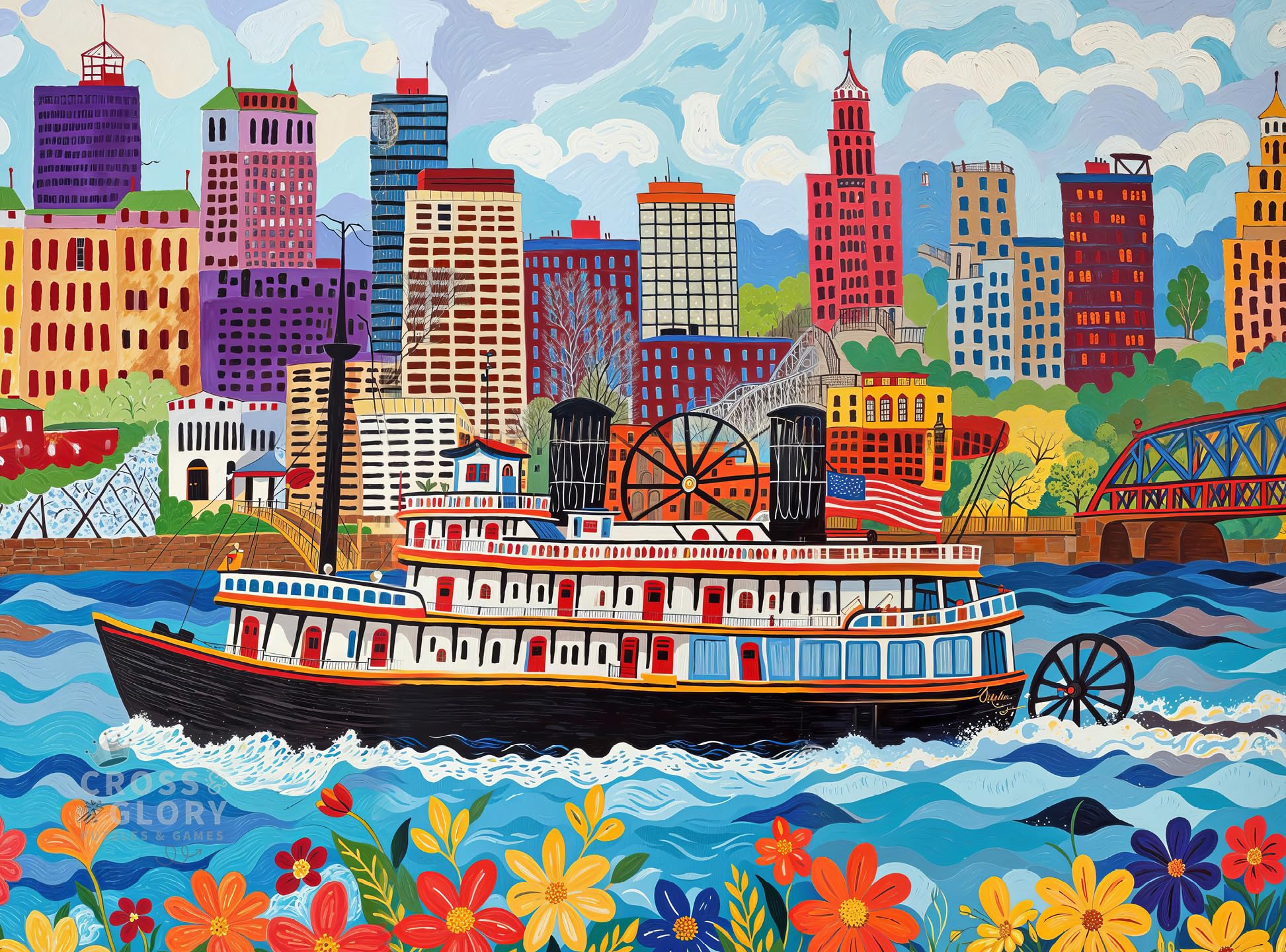 Cross & Glory - Queen City Paddle Wheel Adventure - 1000 Piece Jigsaw Puzzle for Adults | Historic Cincinnati Riverboat Scene | Vibrant Folk Art Design with Satin Finish | 20x27 Inches