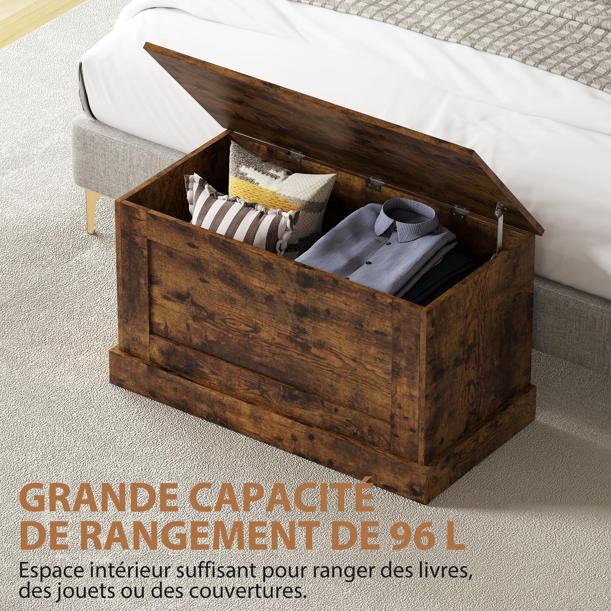 HOMCOM Aufbewahrungstruhe Spielzeugtruhe 80x40x45 cm Rustikales Braun | Aus Holz, Sicherheitsscharnier, für Wohnzimmer, Eingangsbereich
