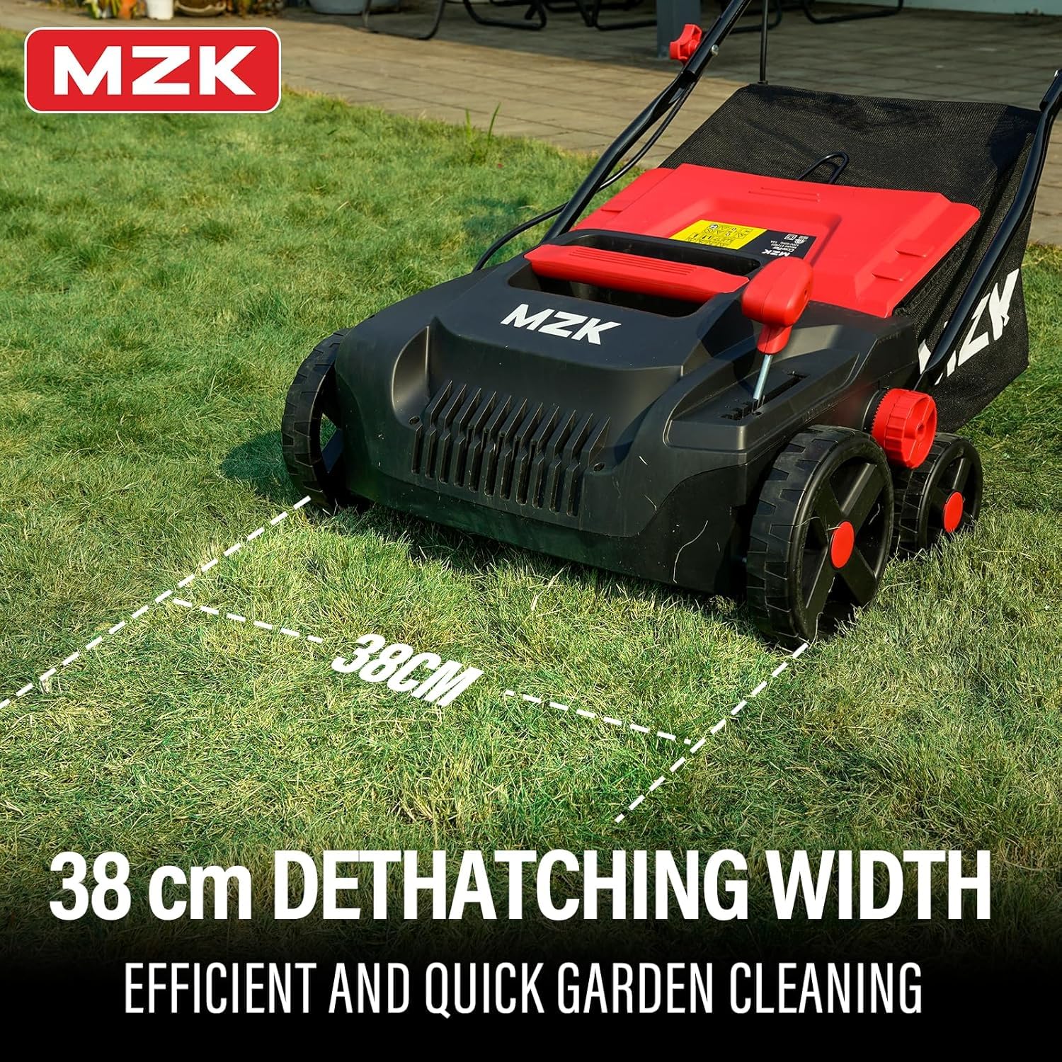 MZK 2-in-1 Elektro-Vertikutierer & Rasenlüfter, 38 cm, 3700 U/min | 5-stufige Höhenverstellung und 45L Fangkorb – ideal für einen gesunden, gepflegten Rasen.