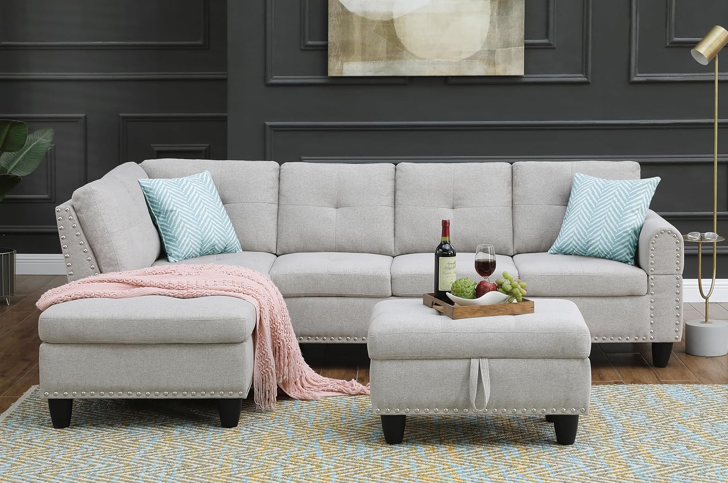 YOPTO L-Shaped Sectional Couch with Storage Ottoman and 2 Cup Holders,Linen Upholstered Sofa 5 Seater W/ 2 Toss Pillows for Living Room,Left Facing Chaise,Light Grey,98"
