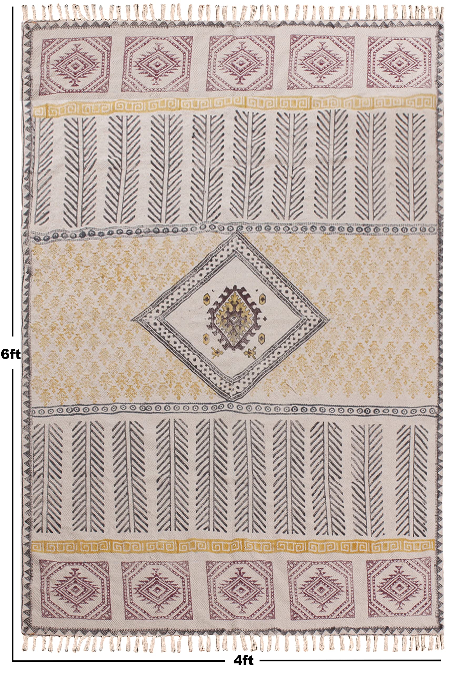 Tappeto da bagno in cotone intrecciato a mano con nappe e stampa a blocchi di mano, per interni, per camera da letto, soggiorno, dimensioni personalizzate, quadrato, 60 x 90 cm