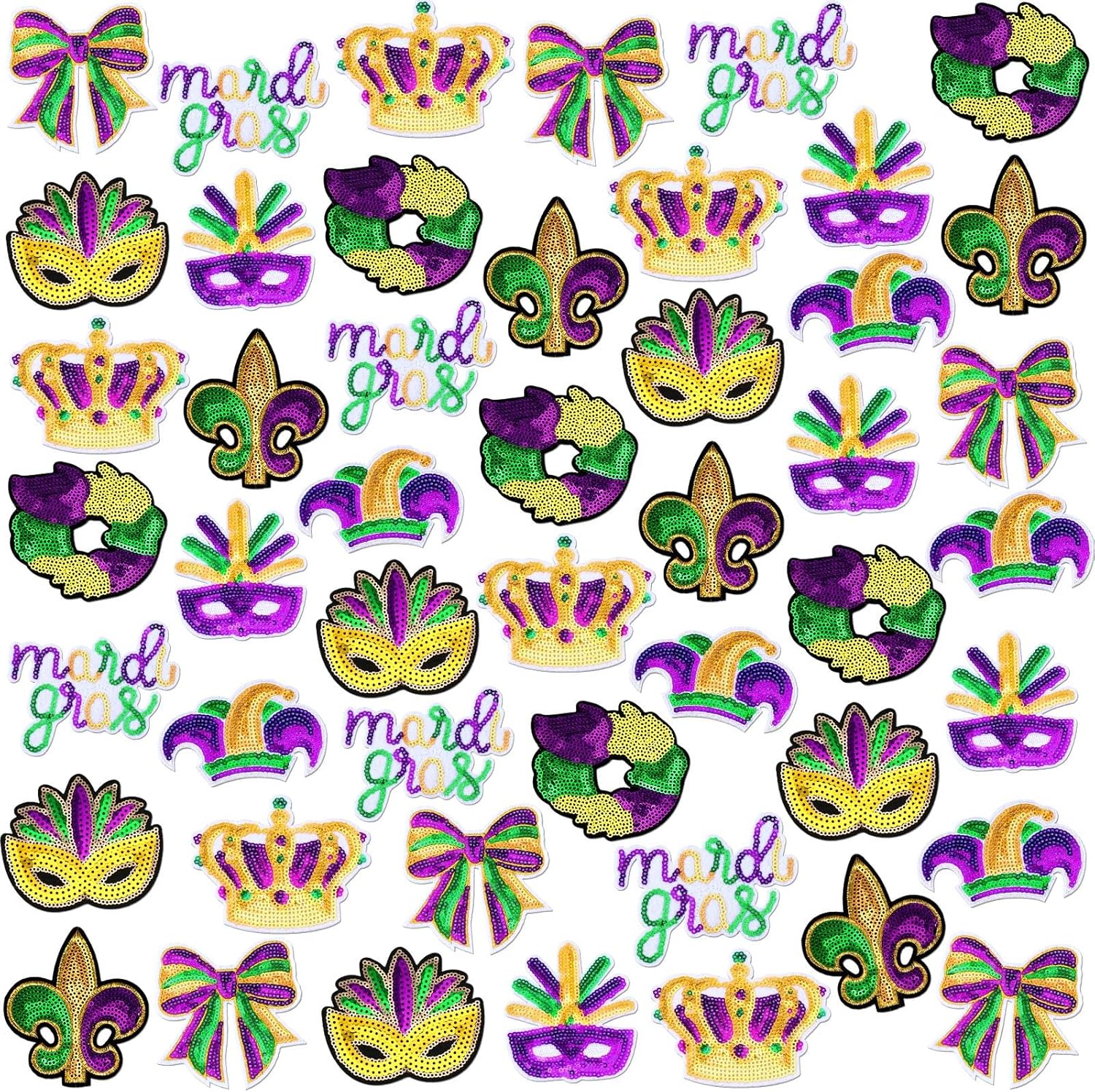 48 Pcs Mardi Gras Iron on Patches Sequins Embroidered Patches Glitter Repair Patch Fleur-de-lis Wreath Bows Feathered Mask Crown Jester Hat Sew on Applique for Clothe Hat Bag Sweater Jacket