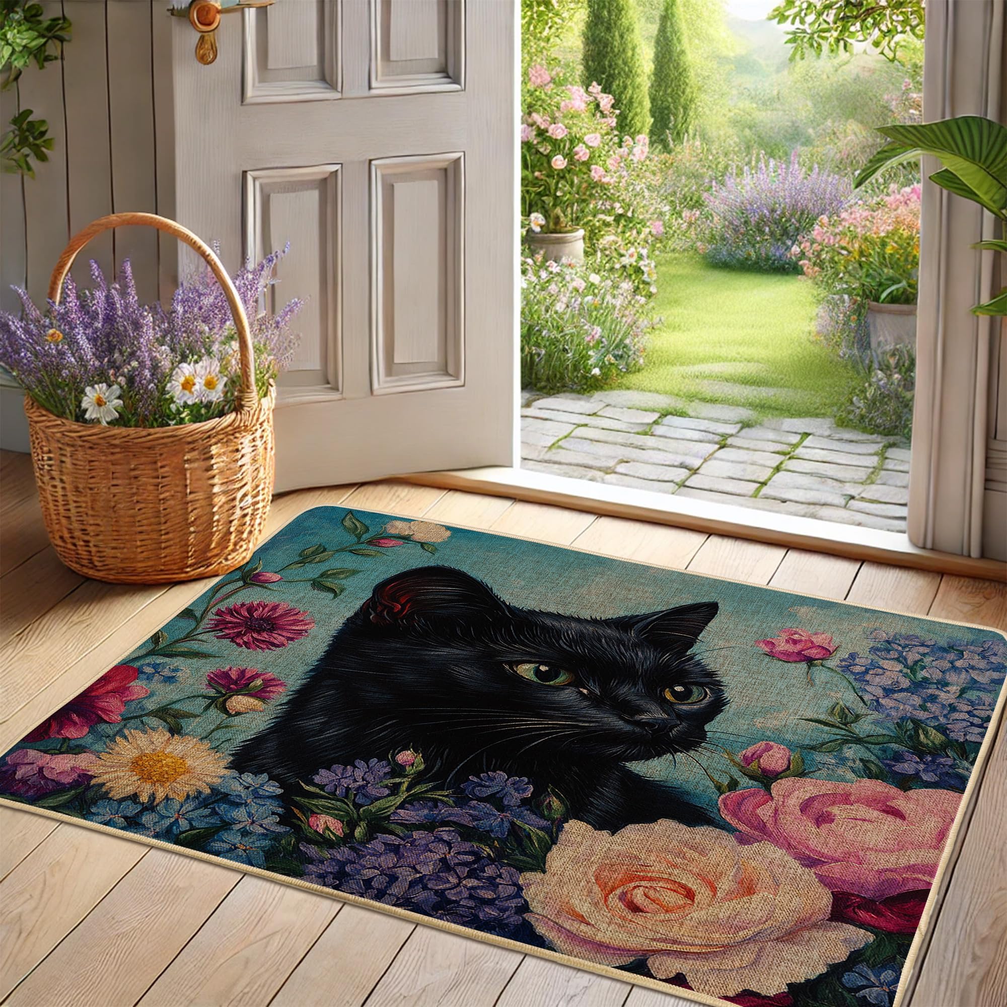 Paillasson chat floral noir extérieur et intérieur tapis entrée caoutchouc rustique 40x60cm
