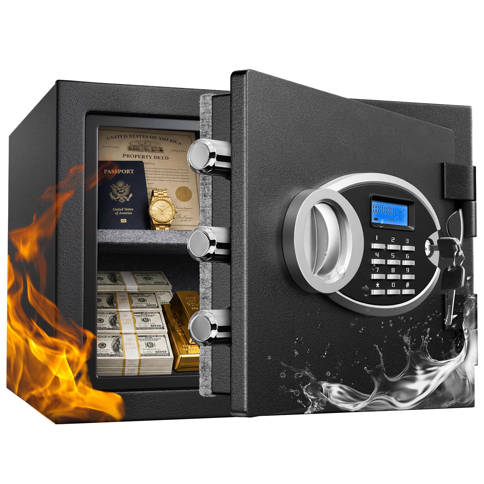 Cassetta di sicurezza alta 11,81 cm, impermeabile, resistente al fuoco, in acciaio, resistente con display LCD, tastiera elettronica digitale e serratura a combinazione, cassaforte personale per