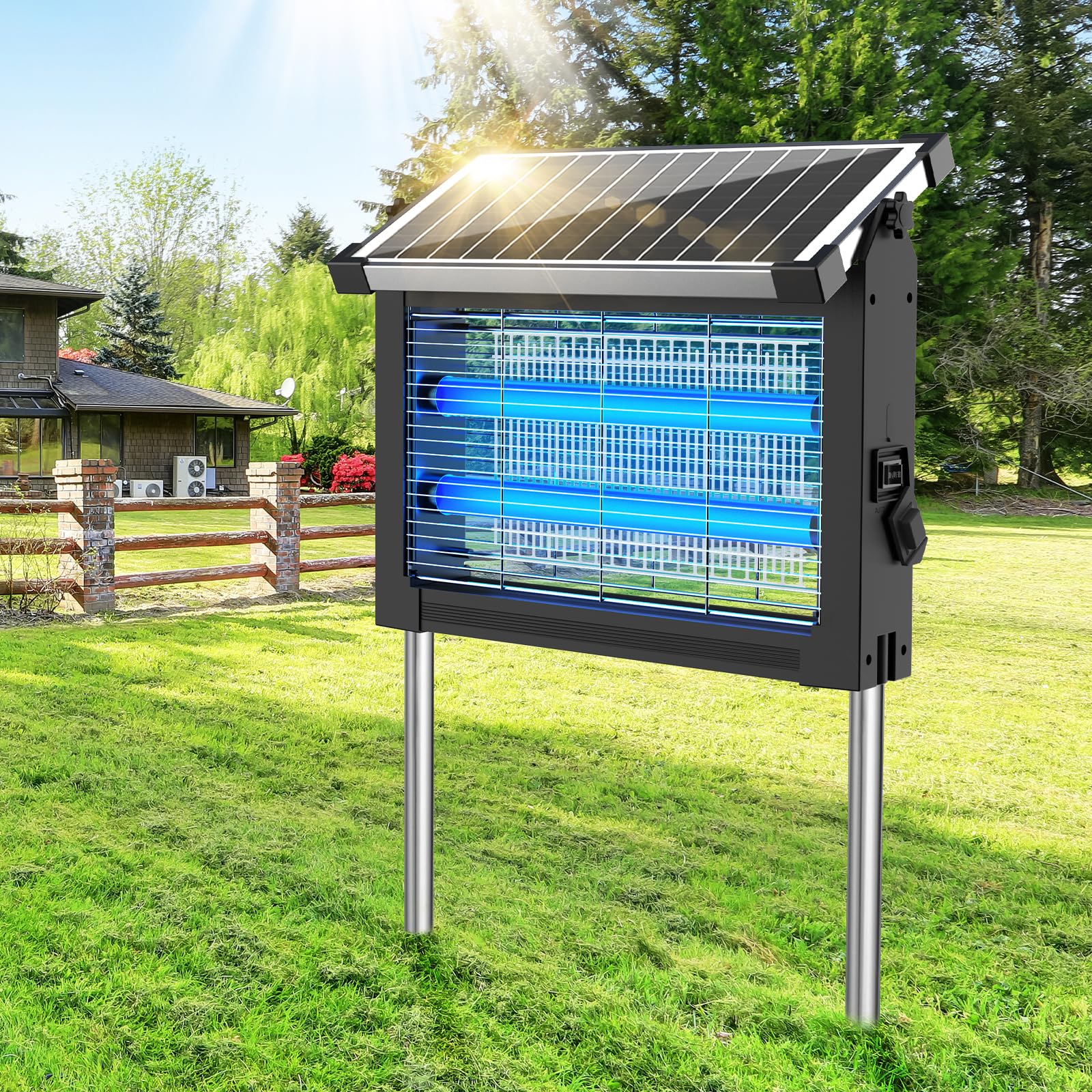 Dnenellr Solar Insektenvernichter Outdoor, 4500V Elektrische Mückenfalle, IPX5 Wasserdicht, 4000mAh Akku, USB Wiederaufladbar, Kabellose Mückenlampe mit Erdspieß für Garten, Terrasse (Schwarz)