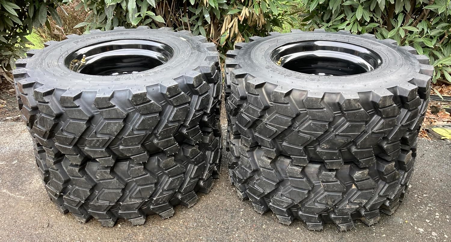 Set of 4-Heavy Duty 12-16.5 Forerunner SKS-9 Skid Steer Tires on Black Wheels/Rims (8 lug) for Bobcat & more - 12X16.5-14 PLY - Good Snow Traction - Self-cleaning tread (SKS753 STYLE)