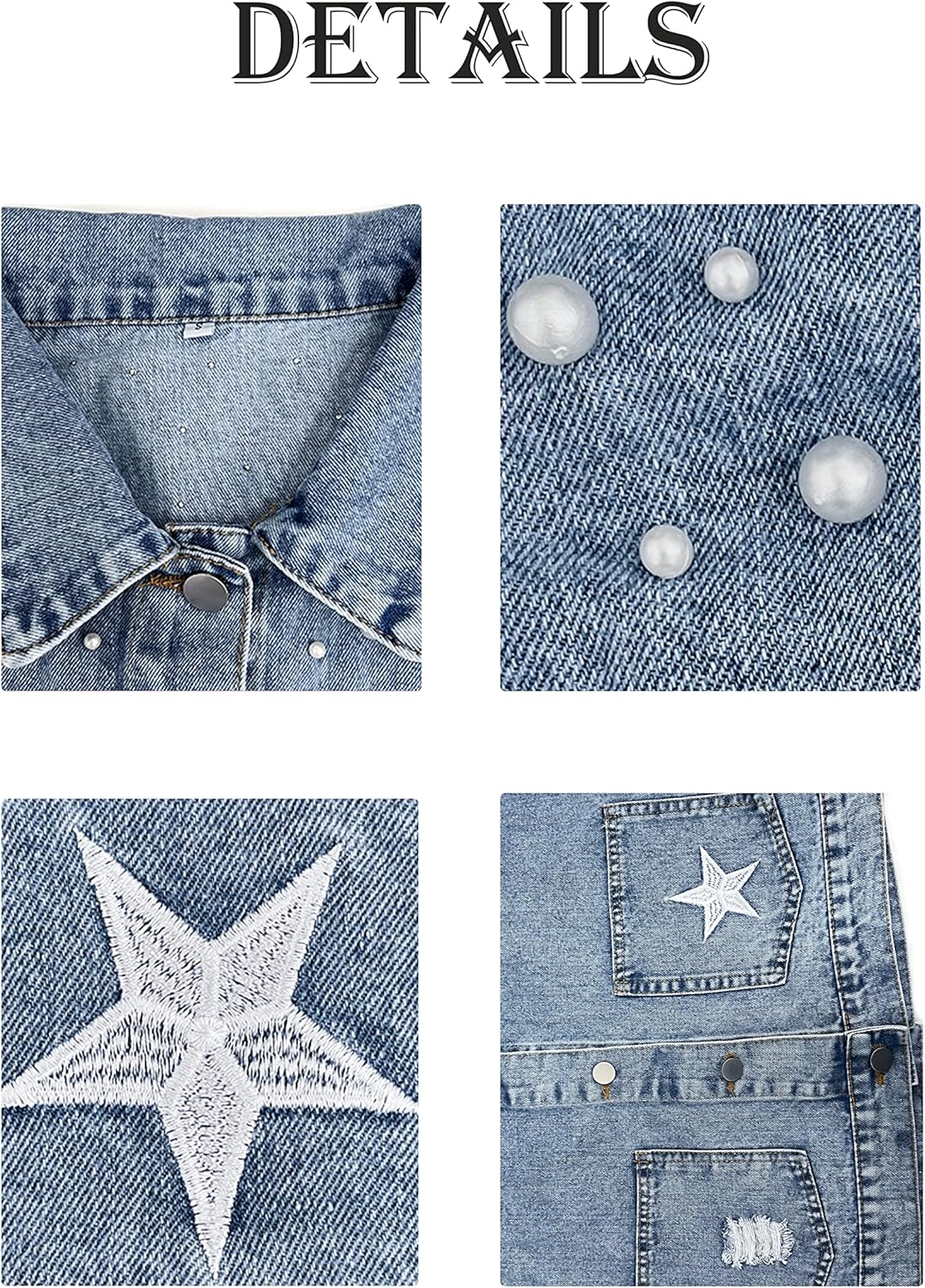 Esmeling Womens Cropped Pearls Beading Jean Jacket Ripped Star Embroidered Denim Jacket Coat - Image 7