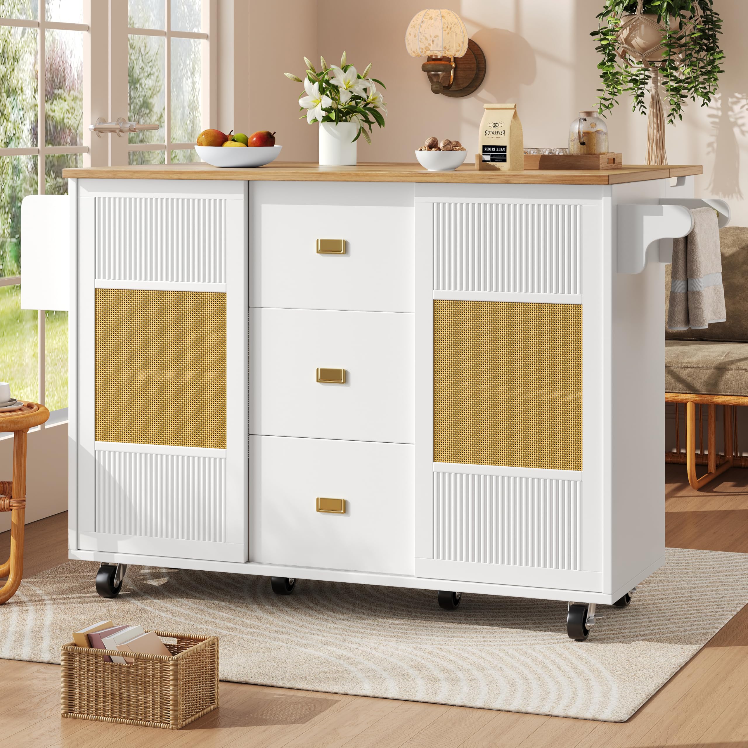 Îlot de cuisine blanc autoportant avec table pliante et portes coulissantes