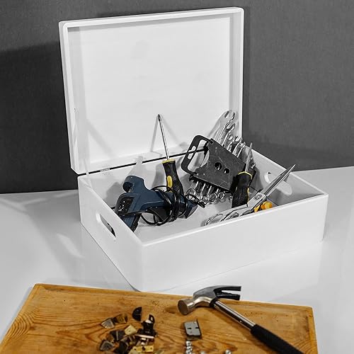 Miniatura 2 de Caja de almacenamiento de madera blanca XL con tapa con bisagras, 15.8 x 11.8 x 5.5 pulgadas (+-0.5), con asas, caja de regalo para herramientas,
