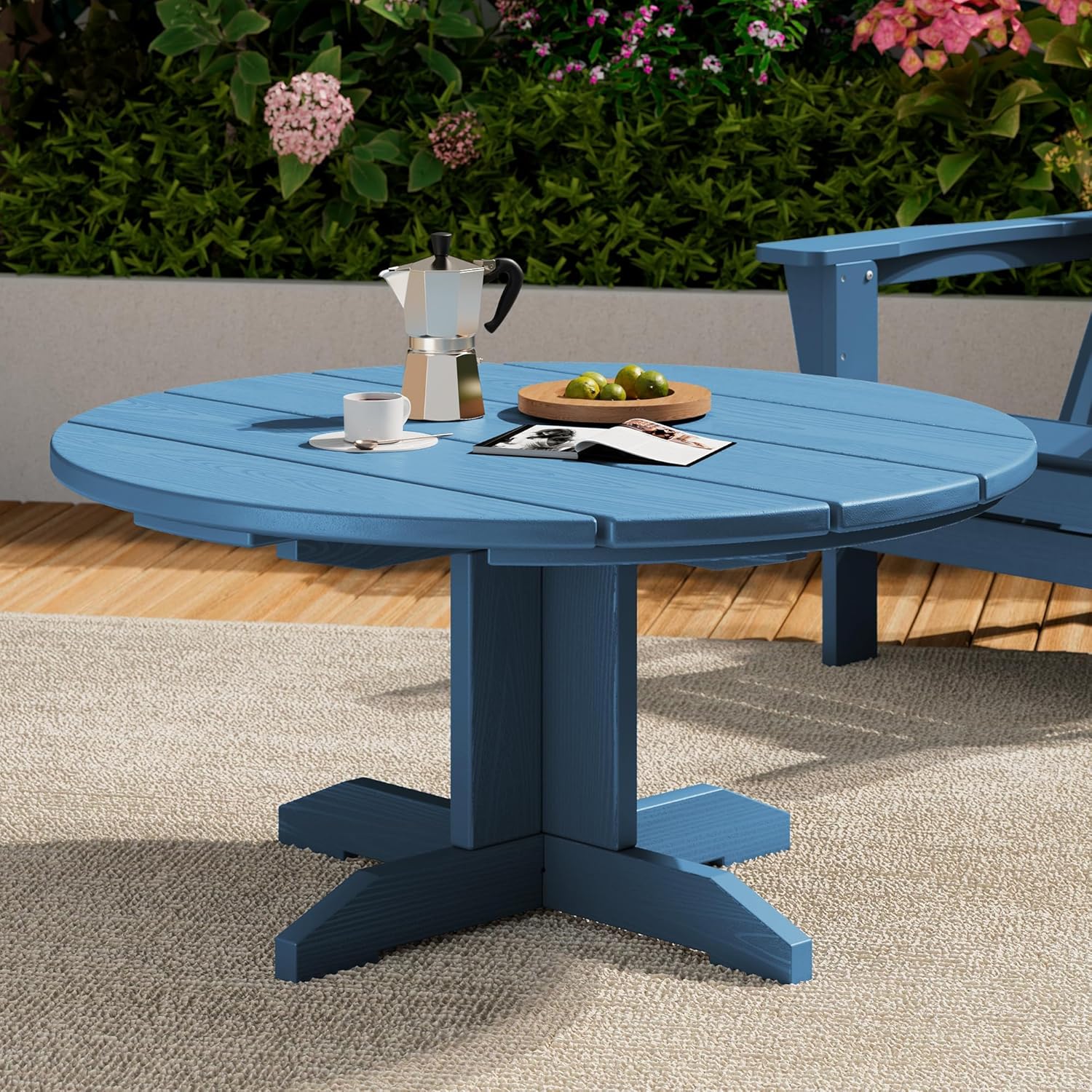 SERWALL Outdoor Round Coffee Table, HDPE Patio Coffee Table for Balcony, Garden, Backyard (Blue)