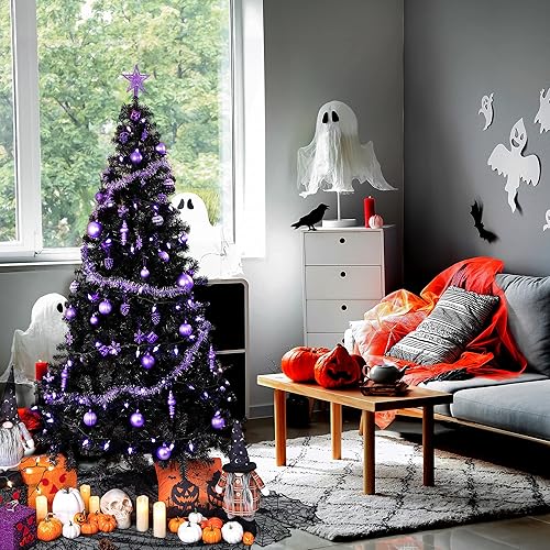 Miniatura 2 de Sunnyglade - Árbol de Navidad artificial negro de 4 pies 1.21 metros para Halloween, 400 puntas, árbol de decoración de vacaciones de temporada con