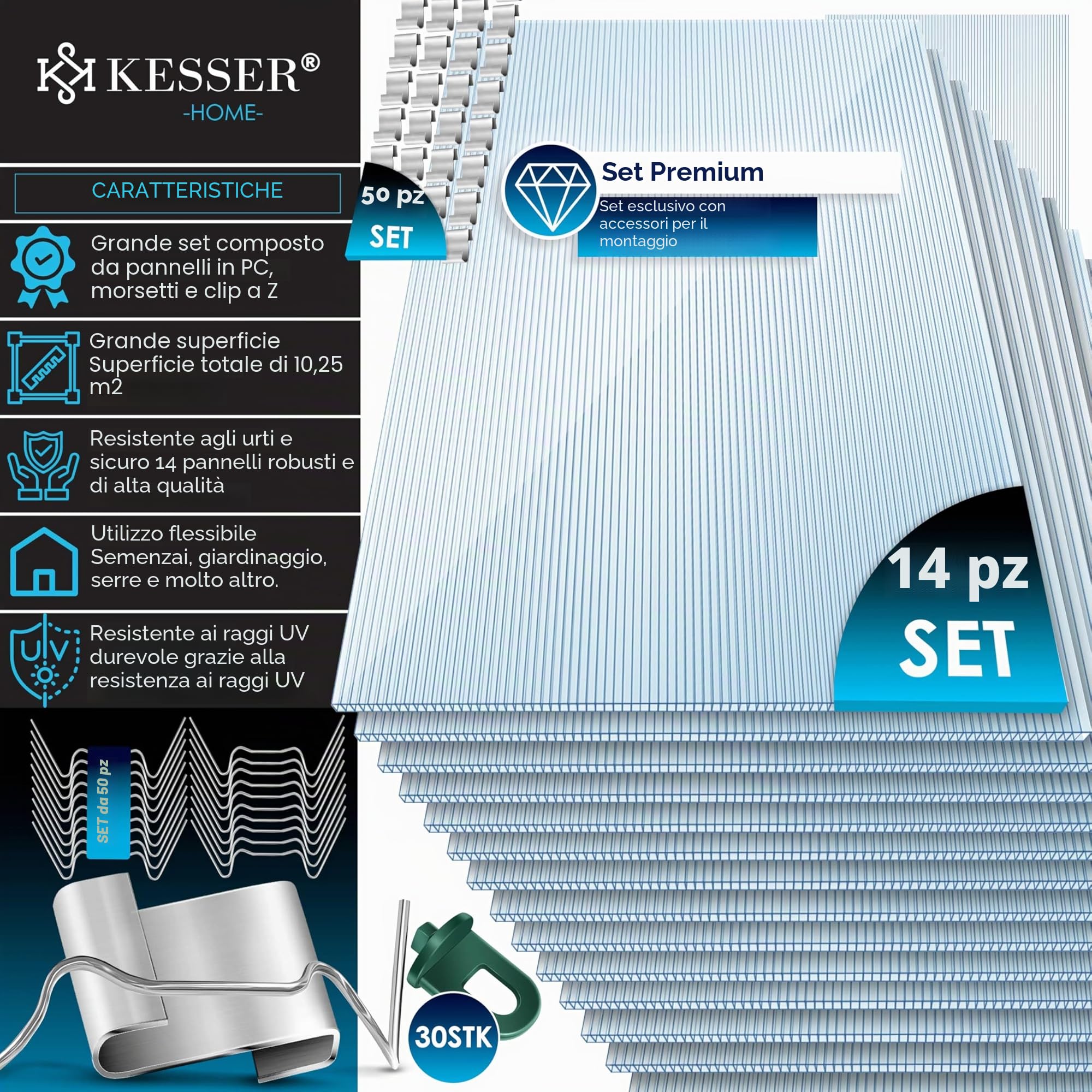KESSER® Pannelli alveolari in policarbonato 4mm | 10,25 m² Lastra alveolare - 121x60,5 cm | 50x Clips + 50x Z-Clips | Lastra alveolare per serre Lastra resistente ai raggi UV per serre orticole