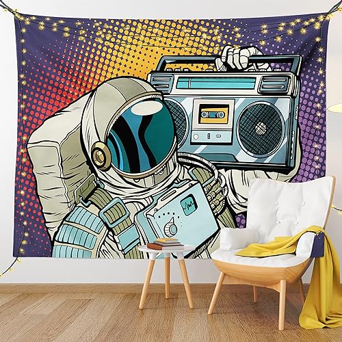 Lunarable Tapiz de rapero, astronauta con un boombox retro para escuchar música en el espacio, impresión de audio de tira cómica, decoración de tela