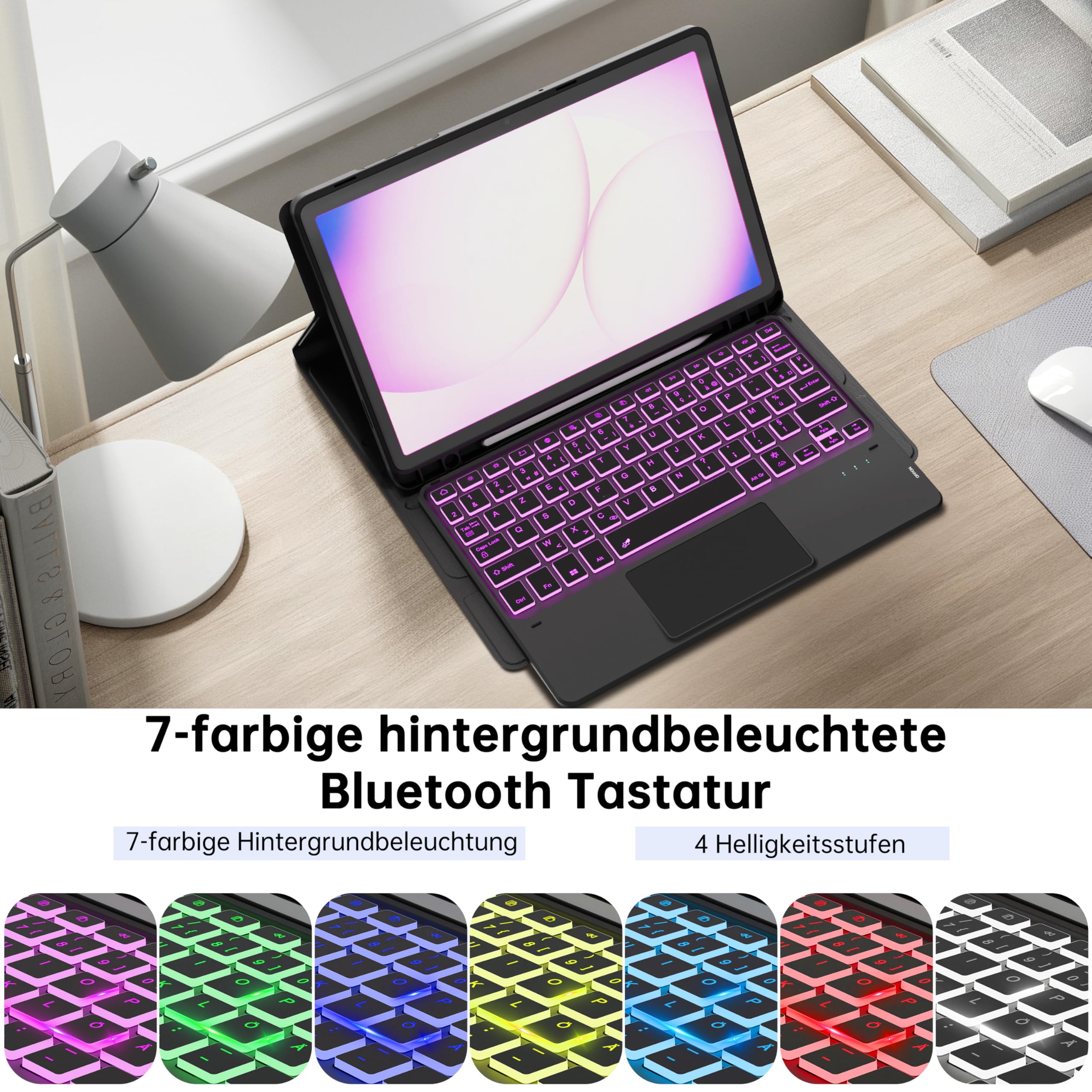 ROOFEI für Samsung Galaxy Tab A11 Plus/A9+ 11 Zoll Tastatur Hülle - 7 Farbig Hintergrundbeleuchtetes mit Abnehmbares Touchpad Tablet Cover - Tab A11+/A9 Plus 11" Deutsches QWERTZ Layout Tastatur