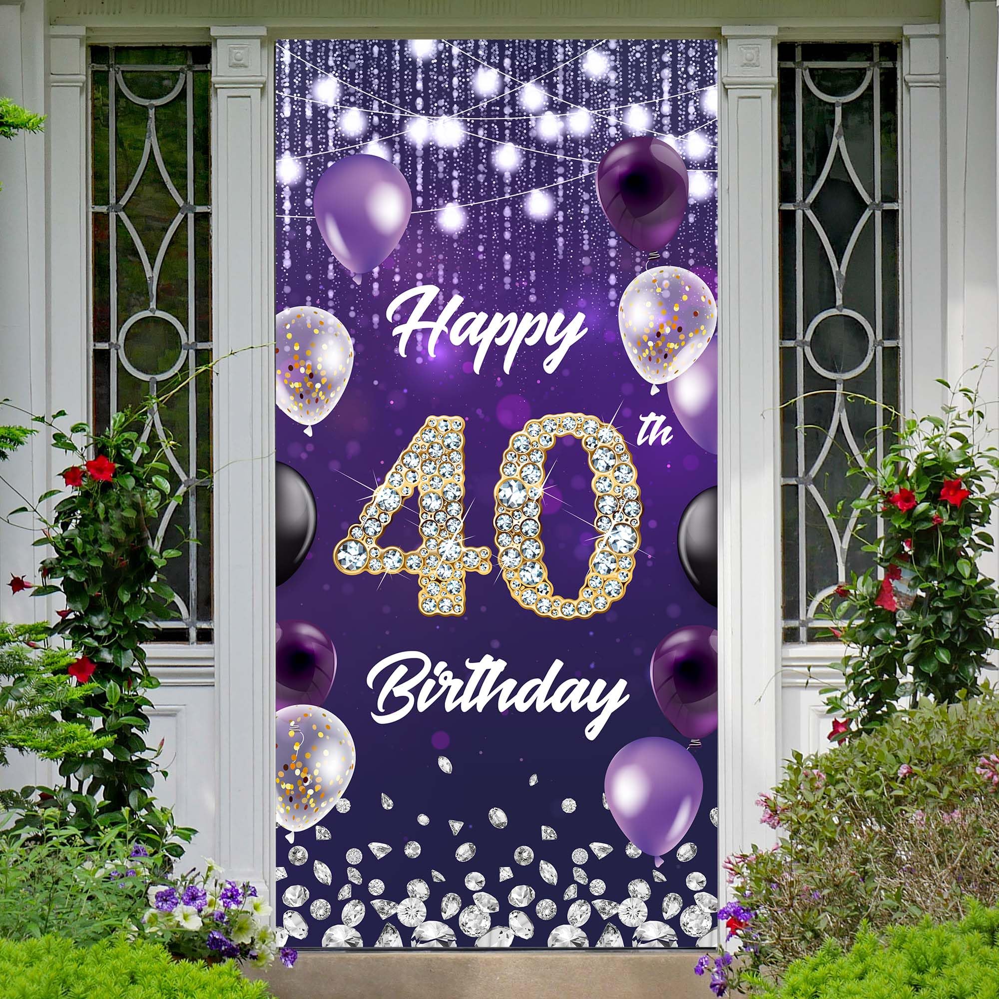 Happy 40th Birthday Backdrop Banner Purple Theme Background with Shiny Diamond Noble Elegant Birthday Party Photo Photography Prop Booth Door