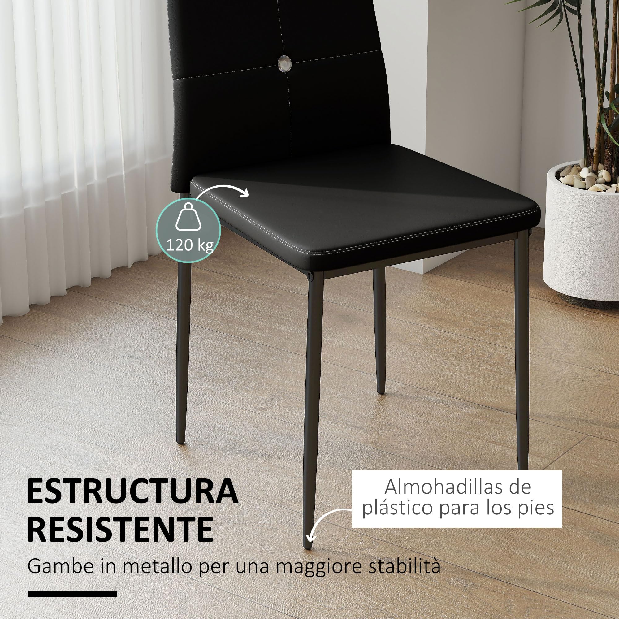 HOMCOM Juego de 6 Sillas de Comedor con Respaldo Alto para Salón Negro | Tapizada en PU, Sillas de Cocina Modernas, Botones, Patas de Acero, Dormitorio