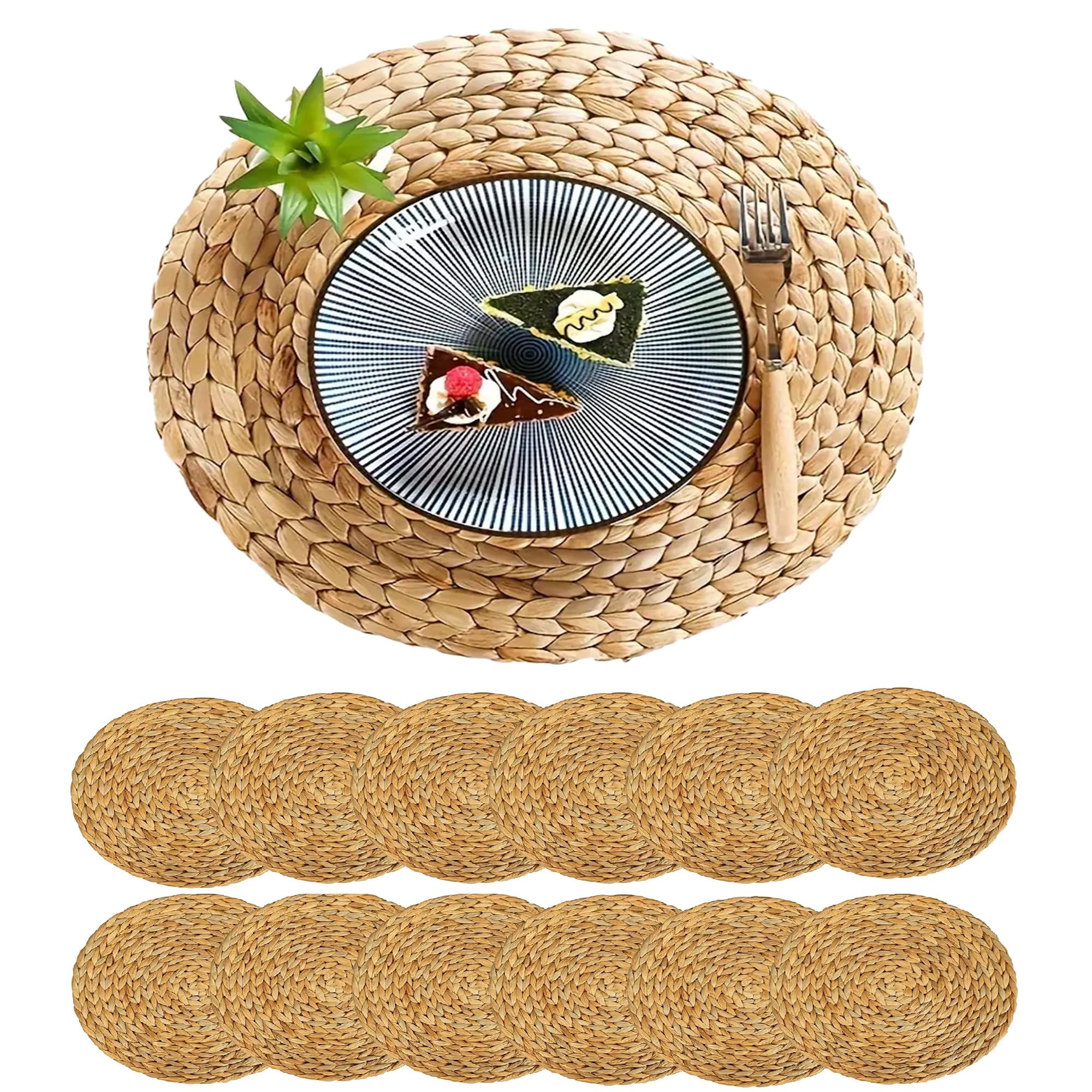 Set di 12 tovagliette rotonde, lavabili in erba marina, ideali per Natale, matrimoni, cucina, feste, resistenti al calore, 35 cm, lavabili, colore naturale