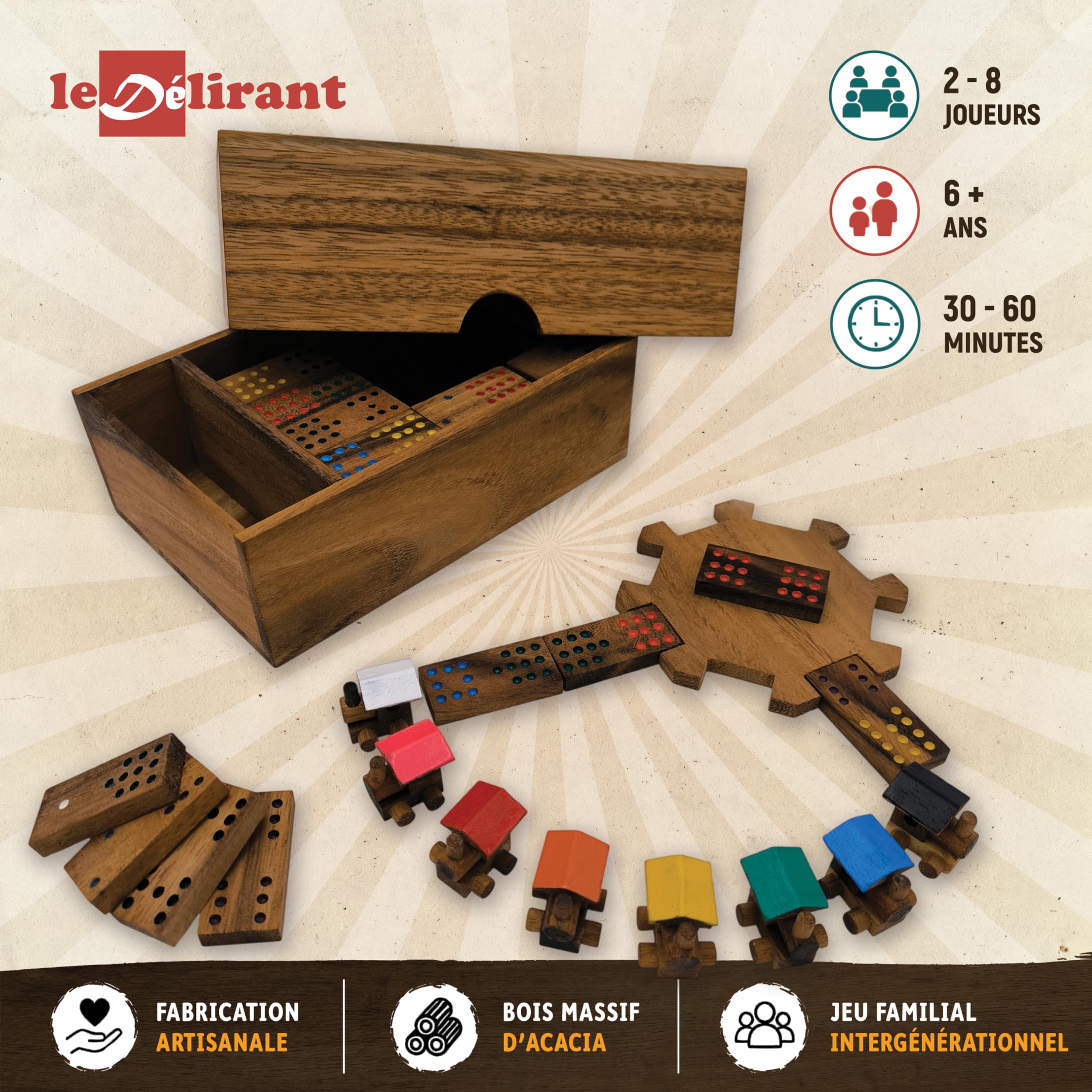 Train Mexicain Jeu de Dominos en Bois Massif d'Acacia